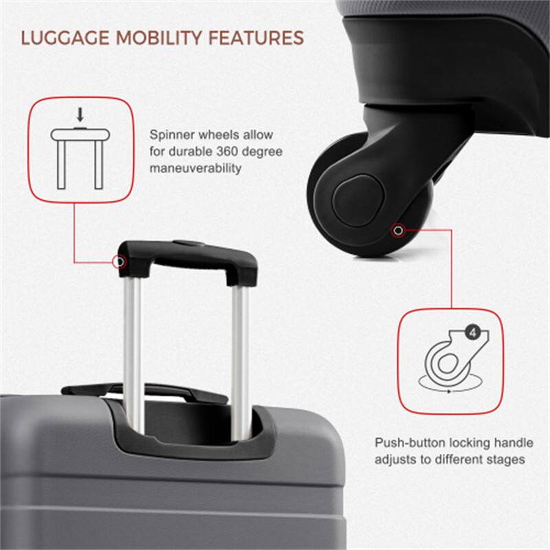 LUGGAGE MOBILITY FEATURES

Spinner wheels allow for durable 360 degree maneuverability

Push-button locking handle adjusts to different stages