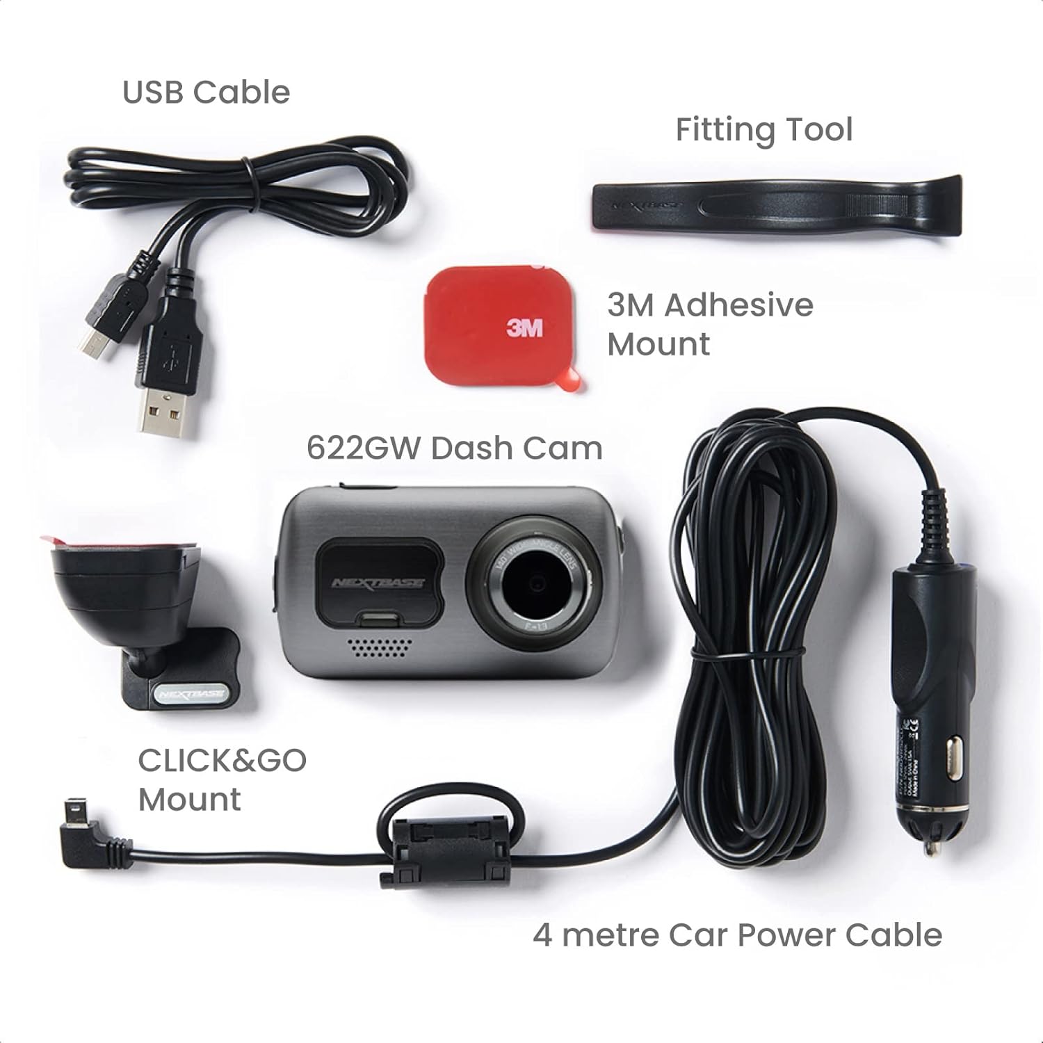 USB Cable  
Fitting Tool  
3M Adhesive Mount  
622GW Dash Cam  
CLICK&GO Mount  
4 metre Car Power Cable