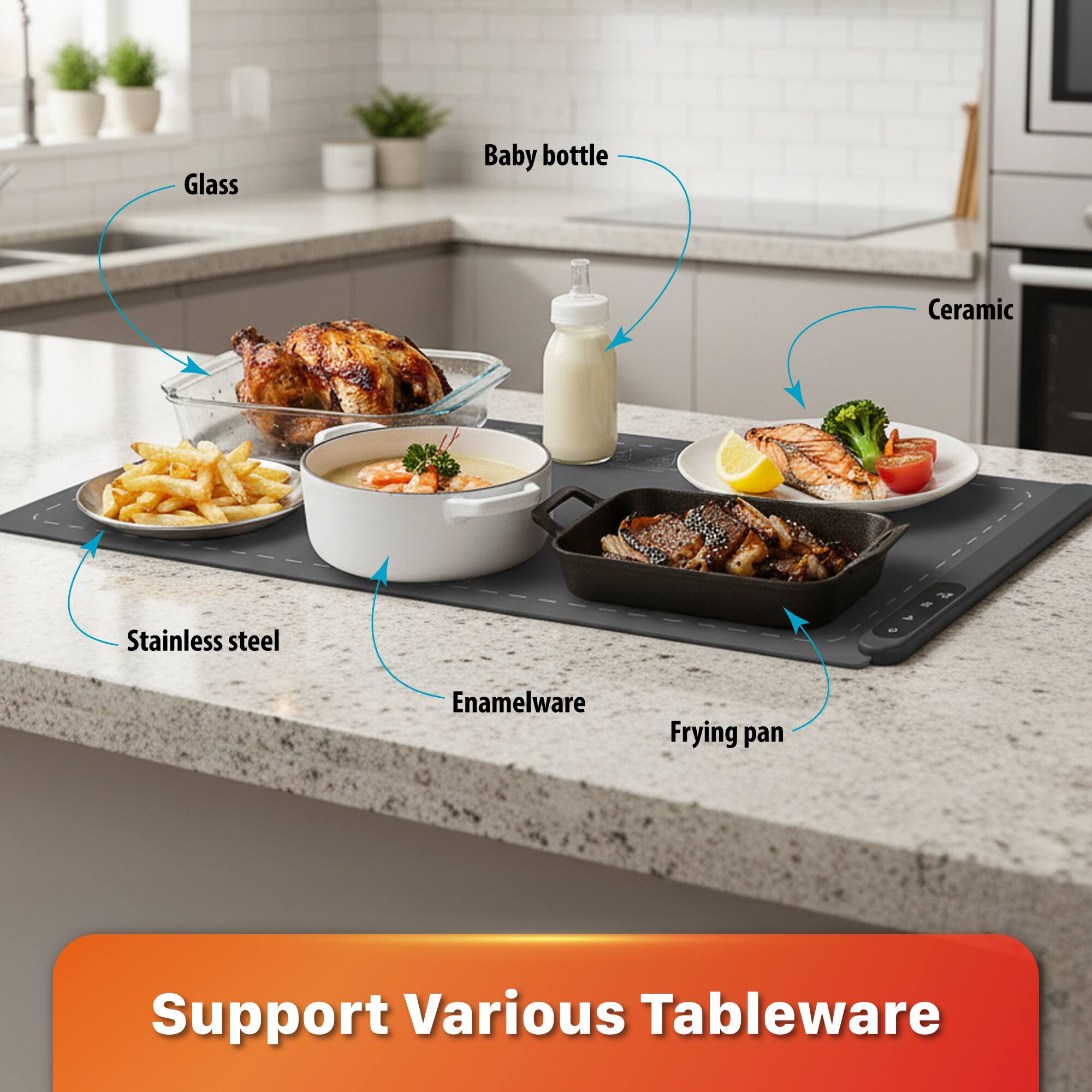 Glass Baby bottle Ceramic Stainless steel Enamelware Frying pan Support Various Tableware