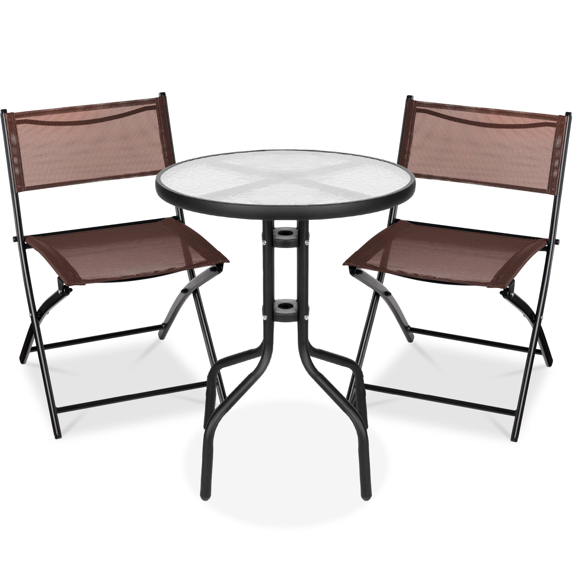Best Choice Products - 3-Piece Patio Bistro Dining Furniture Set w/ Glass Tabletop, Folding Chairs - Brown
