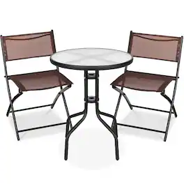 Best Choice Products - 3-Piece Patio Bistro Dining Furniture Set w/ Glass Tabletop, Folding Chairs - Brown
