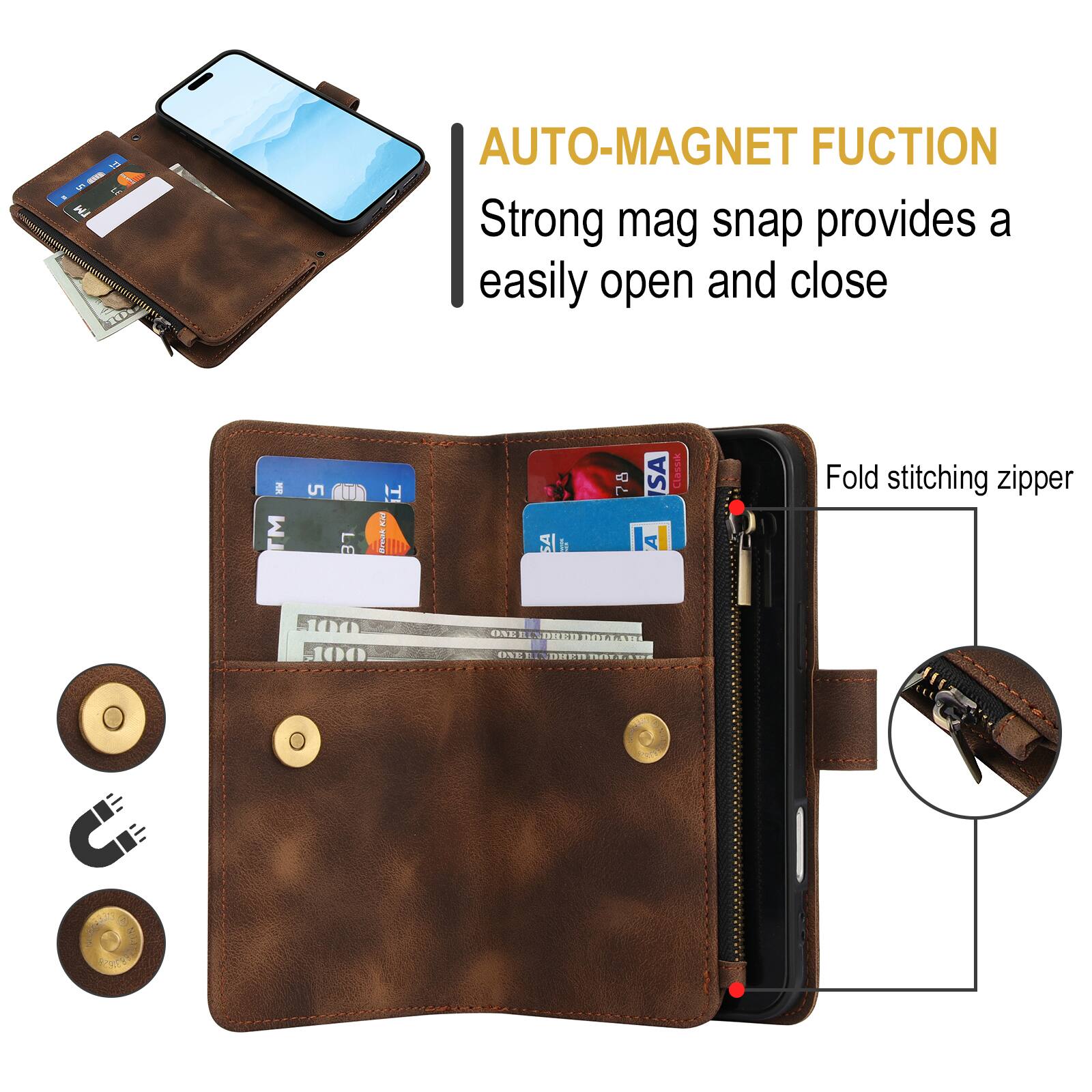 AUTO-MAGNET FUNCTION  
Strong mag snap provides a easily open and close  

Fold stitching zipper