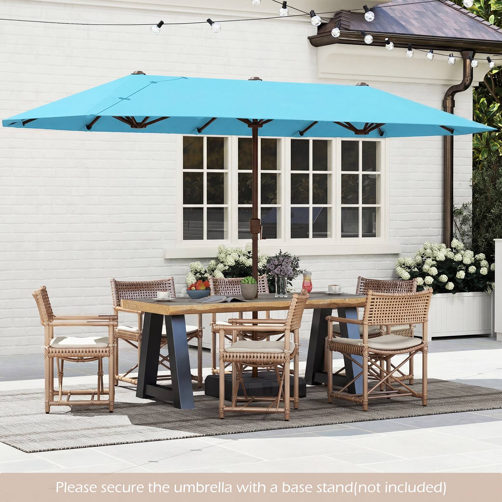 Please secure the umbrella with a base stand (not included).