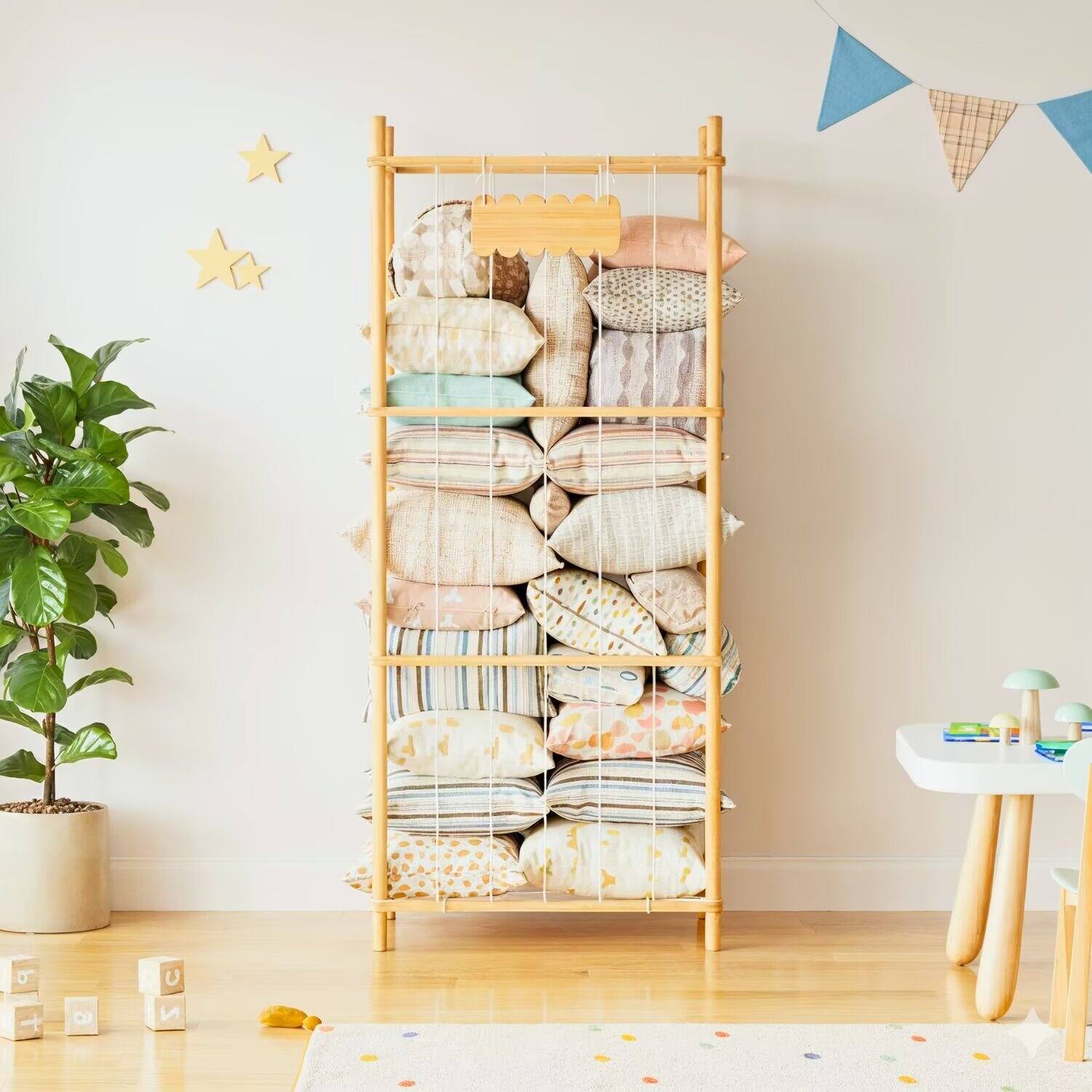 Left. Tooloton - Wooden Storage Organizer for Bedding, Large Capacity Closet Unit, Natural Finish, 15.8 Inches Wide - Natural.