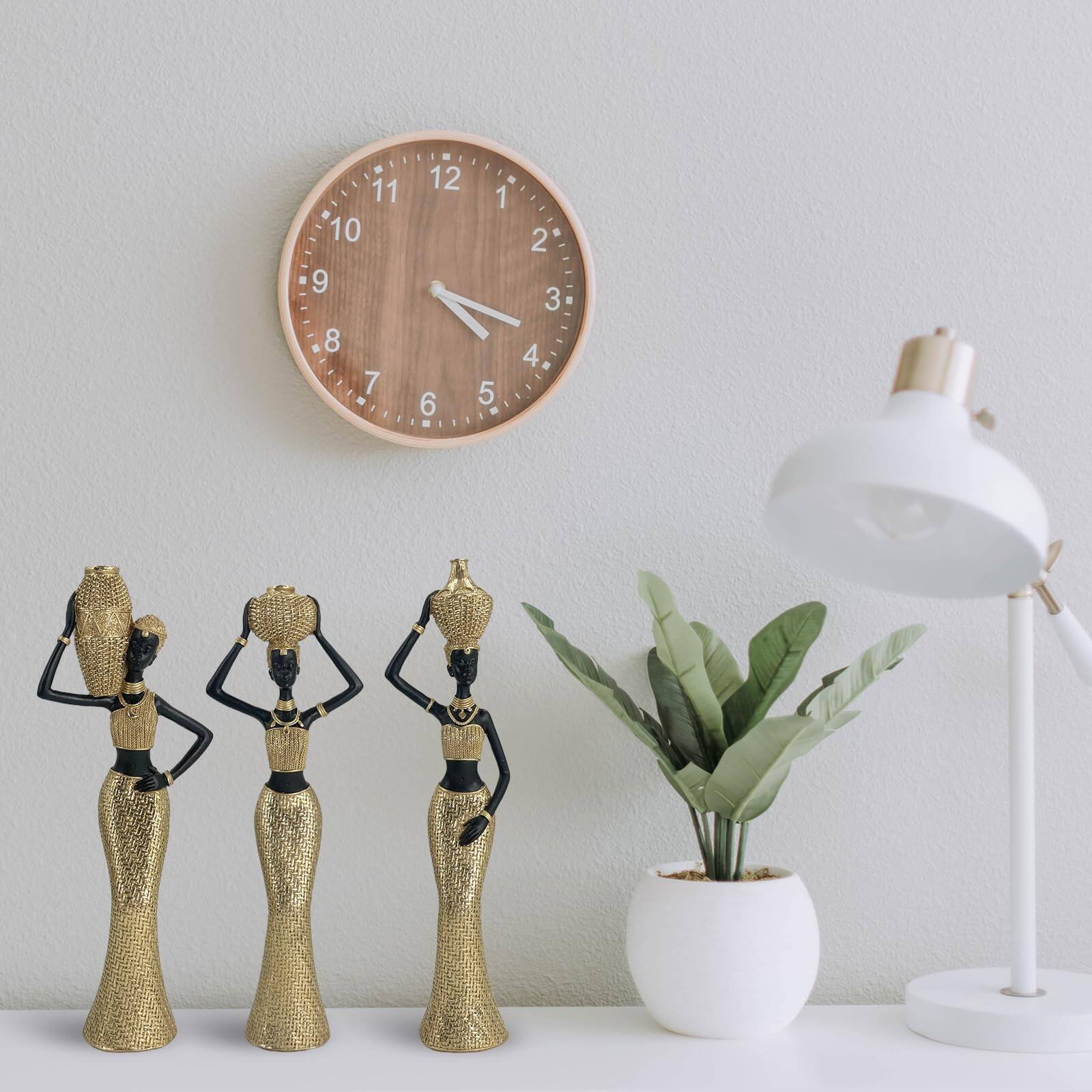 Alt View 4. Refined Abode Design - Women Water Pot Trio Statue - Golden Textured Sculptures Set Of 3 Traditional Daily Life Figurines For Home.