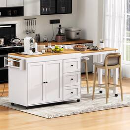 Loheer - 74.8" Kitchen Island with Extendable Dining Table, Kitchen Storage Cart with 3 Drawers & Power Outlet - White