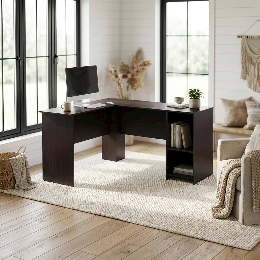 Left. BisonOffice - L-Shaped Desk, Bookshelves in Espresso Finish, Space-Saving Computer Workstation - Espresso.