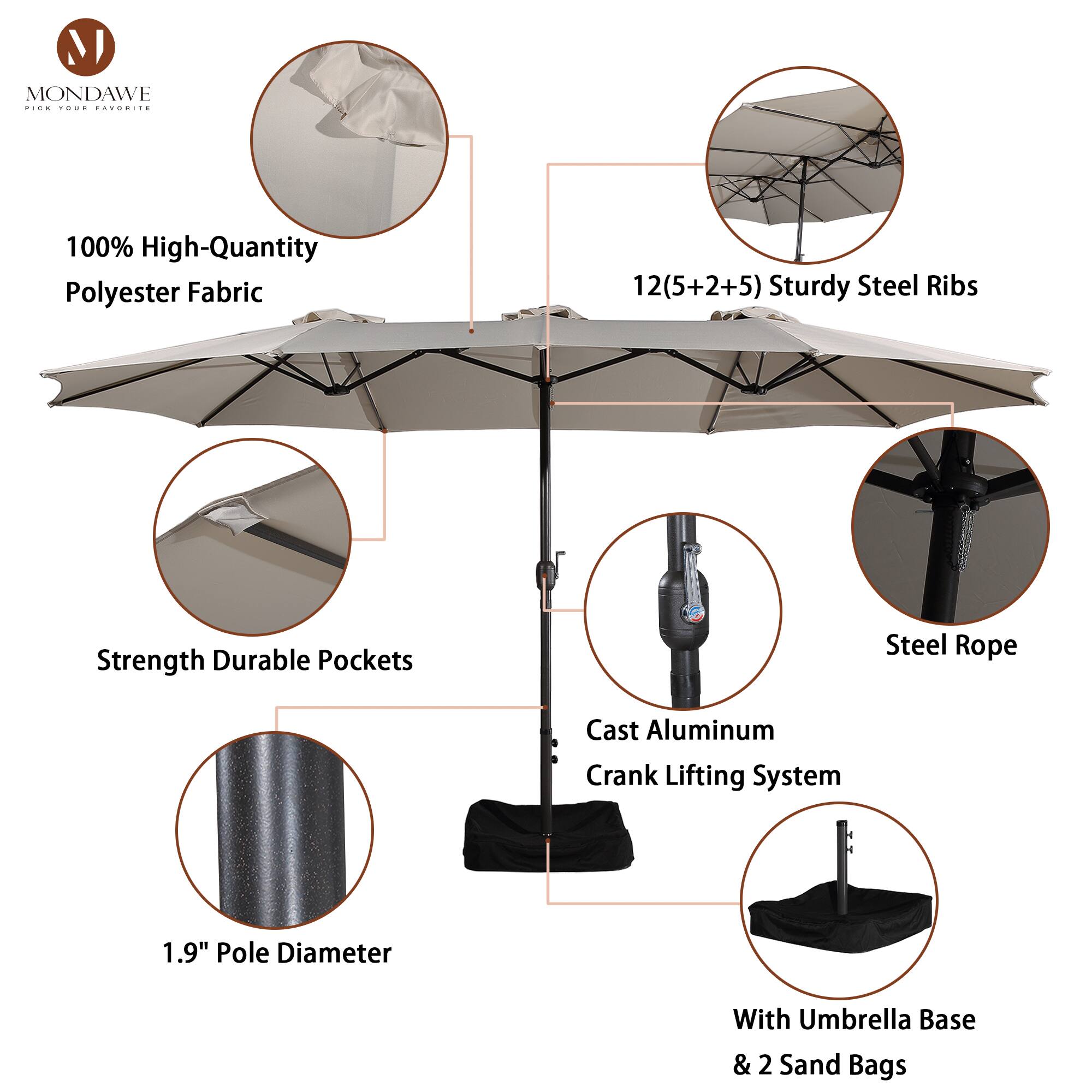 - 100% High-Quantity Polyester Fabric
- 12(5+2+5) Sturdy Steel Ribs
- Strength Durable Pockets
- Steel Rope
- Cast Aluminum Crank Lifting System
- 1.9" Pole Diameter
- With Umbrella Base & 2 Sand Bags