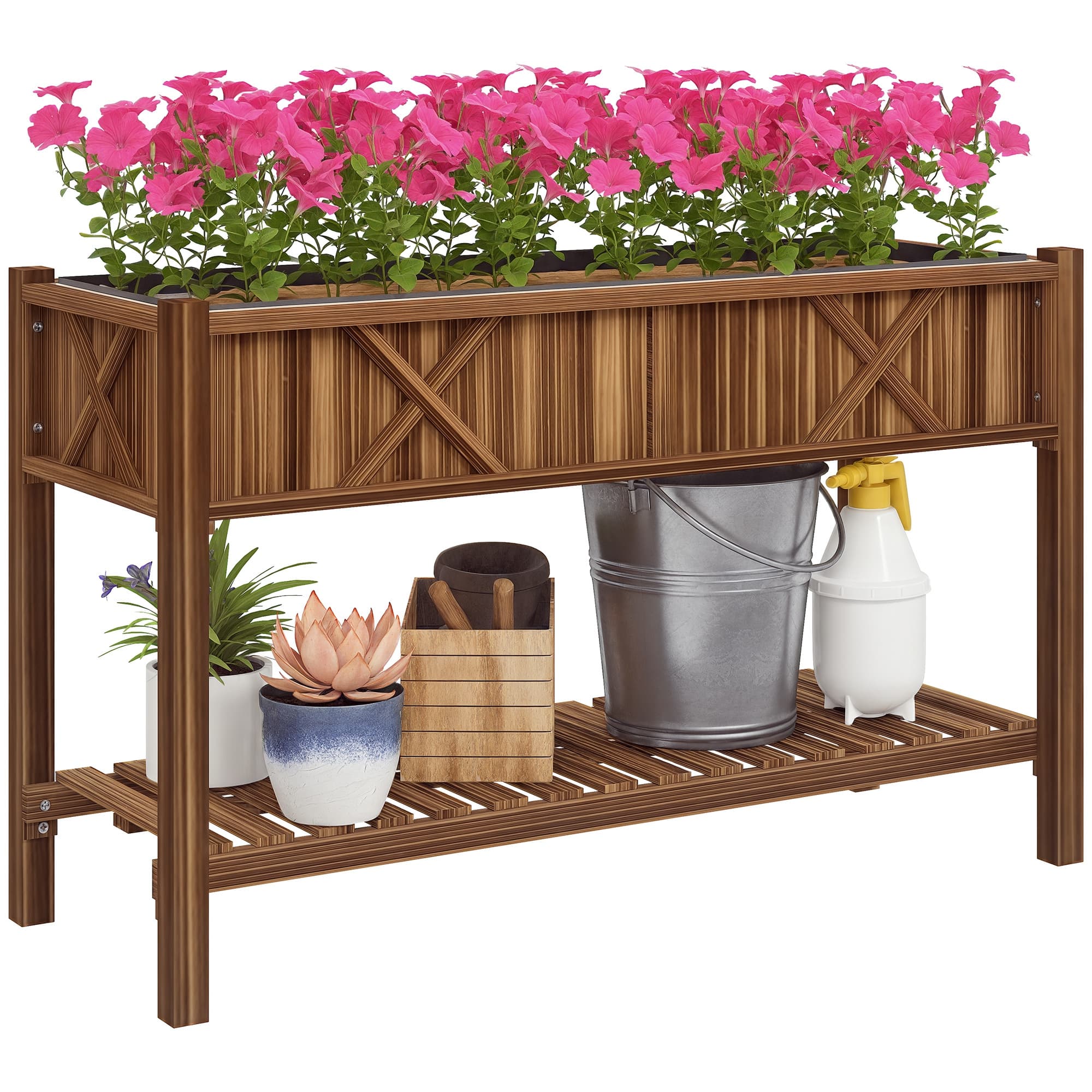 Outsunny - Garden Bed, 47 x 22 x 31.5 in Elevated Wood Planter Box with Storage Shelf - Carbonized