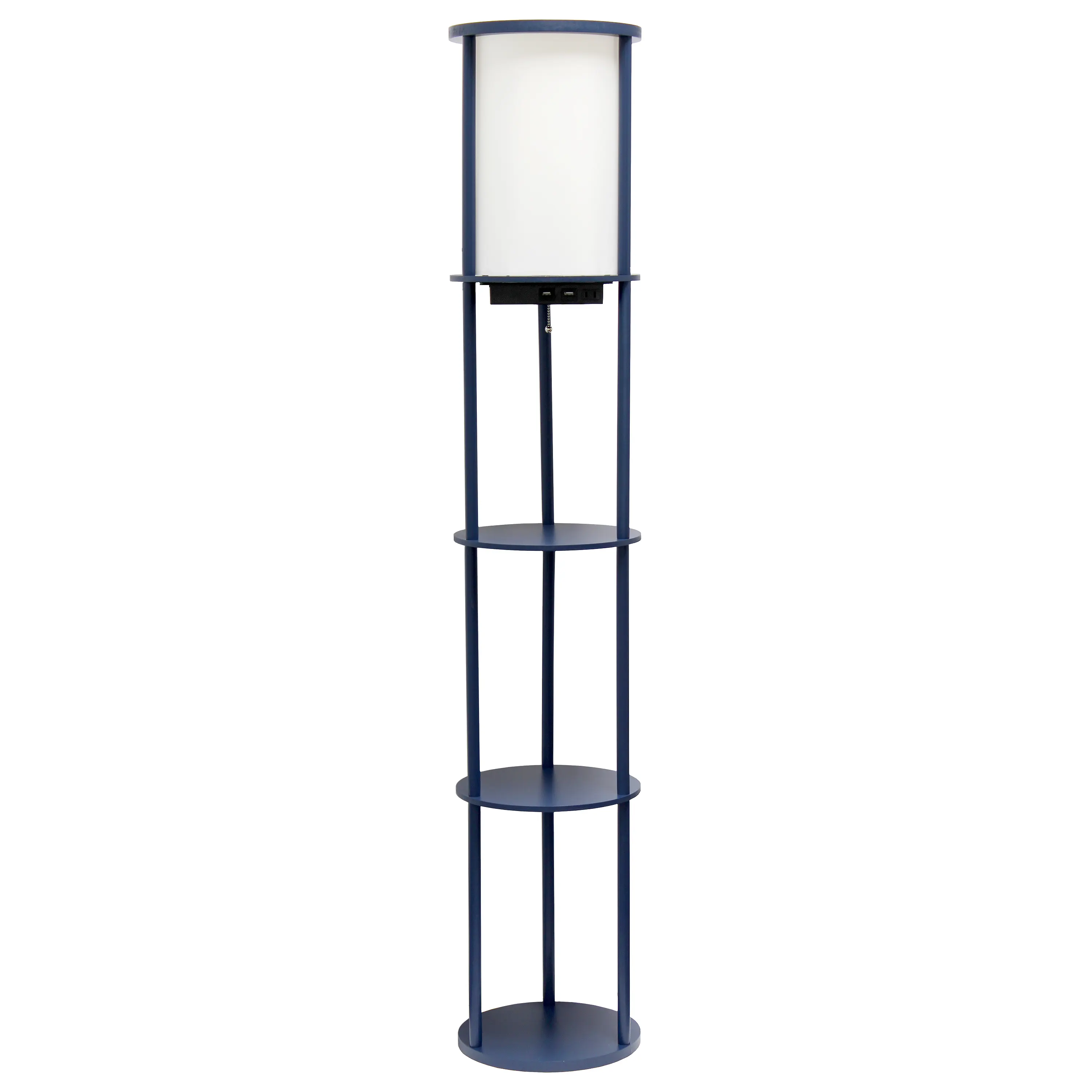 Simple Designs - Round Etagere Storage Floor Lamp with 2 USB, 1 Outlet - Navy