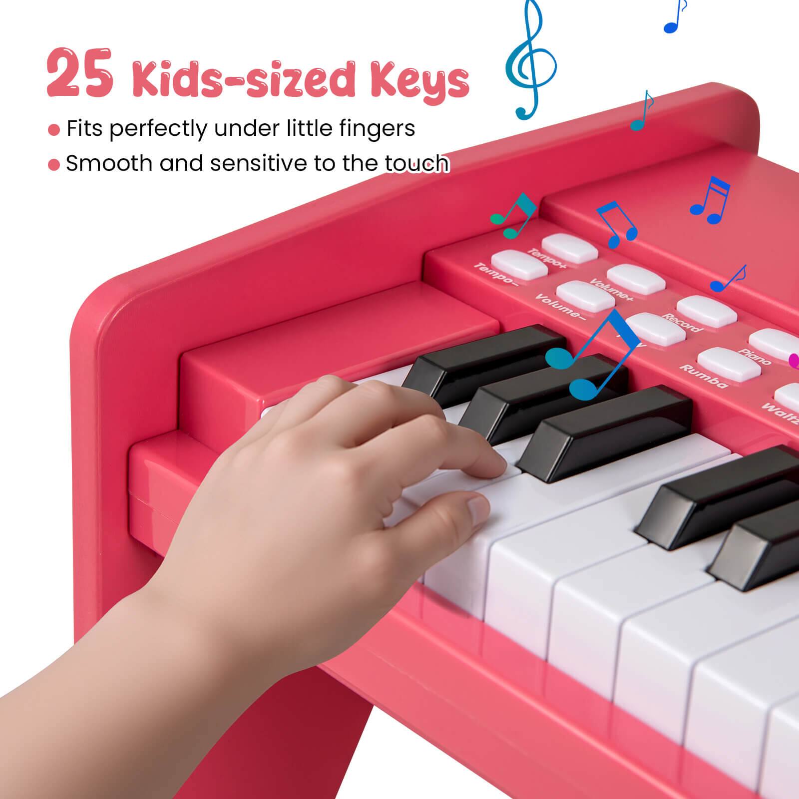 25 Kids-sized Keys  
- Fits perfectly under little fingers  
- Smooth and sensitive to the touch  

Tempo+ Tempo- Volume+ Volume- Record Piano Rumba Waltz