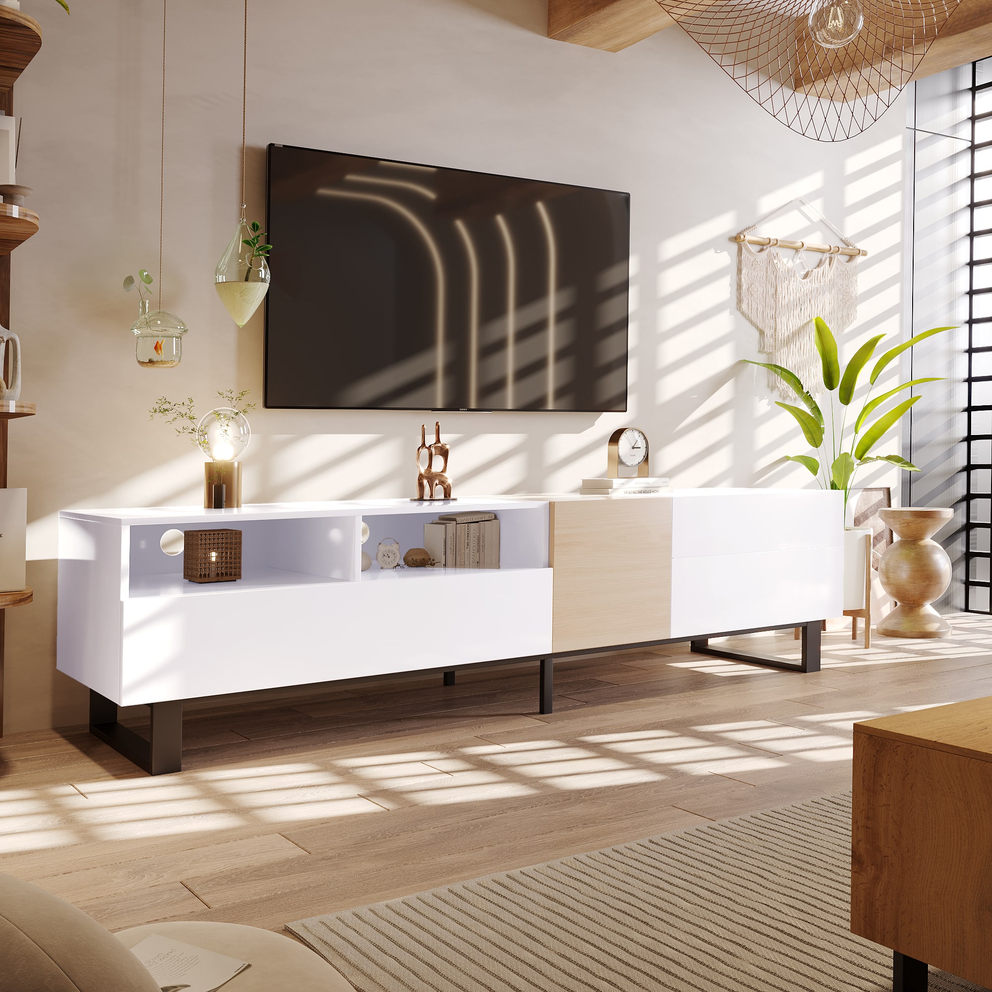 Dexmalle - Dexmalle-Modern TV Stand for 80 Inch TVs Entertainment Center with Double Storage Space - White