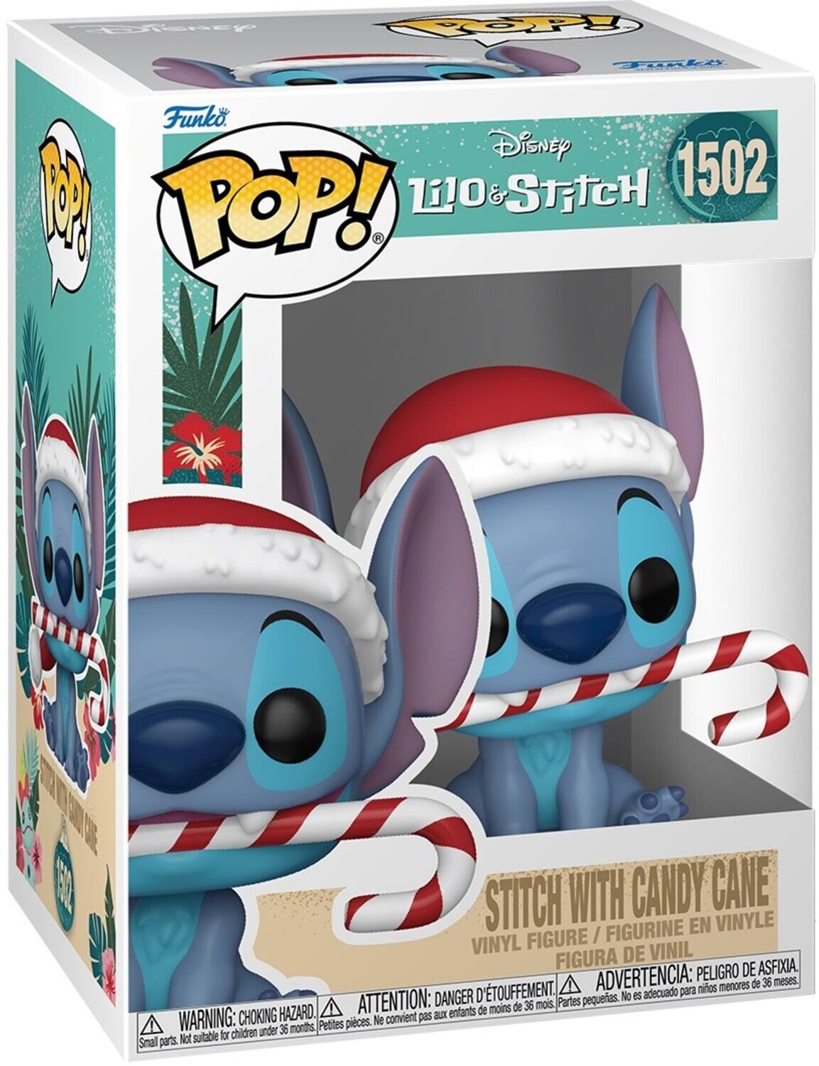 Sure, here is the corrected and grouped text from the image:

---

**Top Left:**
- Funko
- POP!

**Top Center:**
- Disney
- Lilo & Stitch
- 1502

**Top Right:**
- Funko

**Center:**
- Stitch with Candy Cane
- Vinyl Figure / Figurine en Vinyle
- Figura de Vinil

**Bottom:**
- WARNING: CHOKING HAZARD. Small parts. Not suitable for children under 36 months.
- ATTENTION: DANGER D'ÉTOUFFEMENT. Petites pièces. Ne convient pas aux enfants de moins de 36 mois.
- ADVERTENCIA: PELIGRO DE ASFIXIA. Partes pequeñas. No es adecuado para niños menores de 36 meses.

**Bottom Left:**
- (Image of Stitch with Candy Cane)

**Bottom Right:**
- (Image of Stitch with Candy Cane)

---