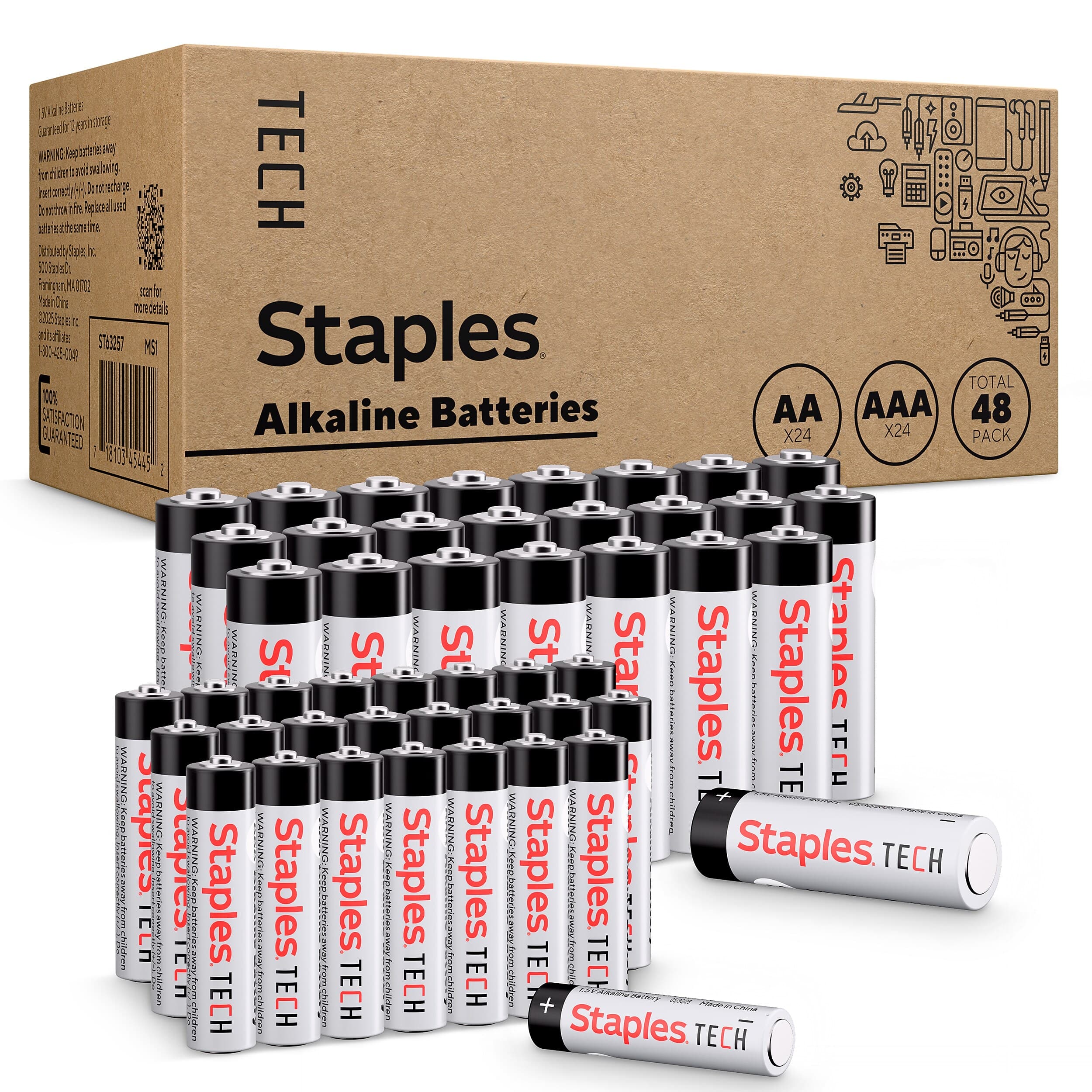 Staples TECH - AA Alkaline Batteries, 48-Pack, Long-Lasting Power for Office Electronics, Toys, Remotes & Devices