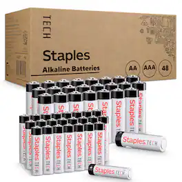 Staples TECH - AA Alkaline Batteries, 48-Pack, Long-Lasting Power for Office Electronics, Toys, Remotes & Devices