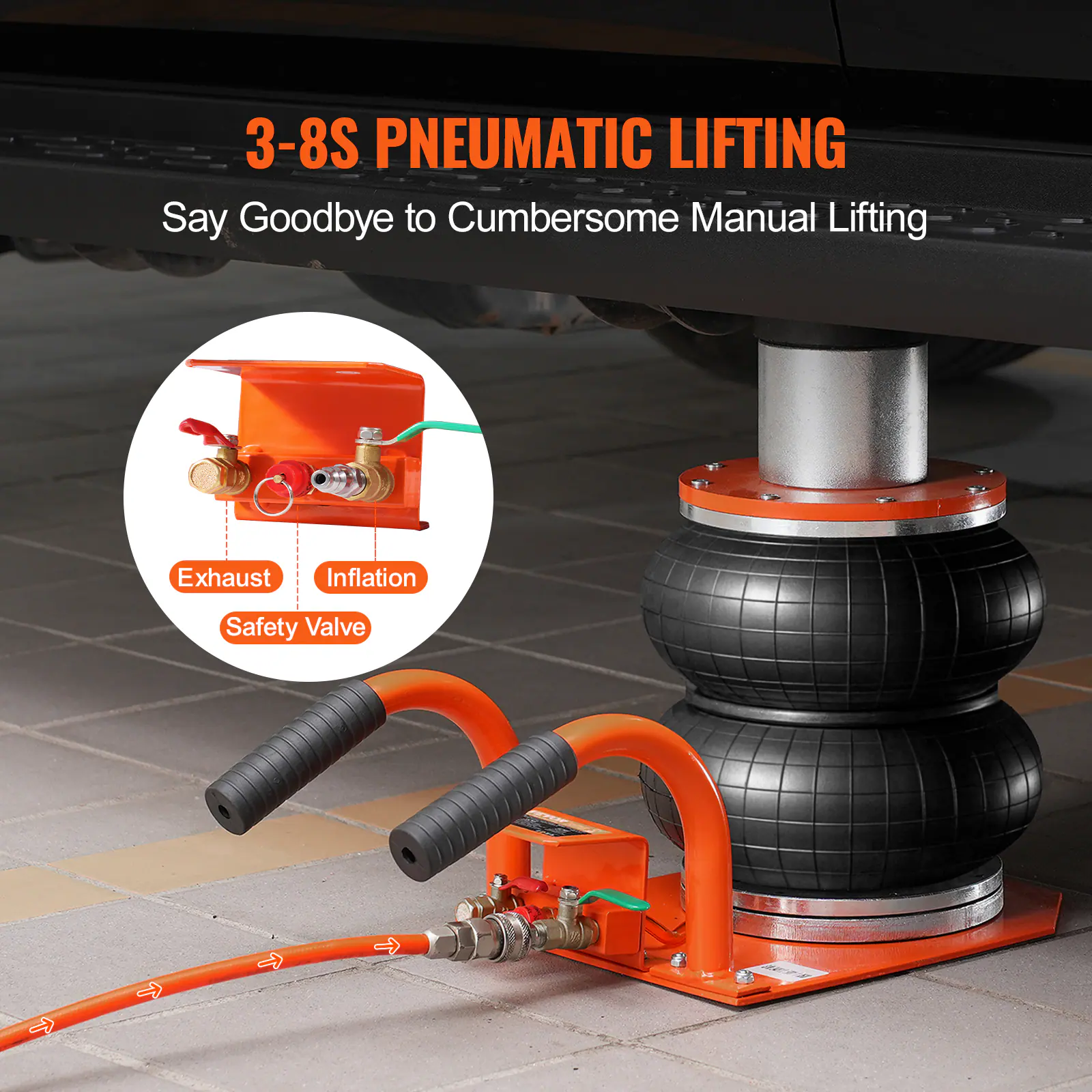 3-8S PNEUMATIC LIFTING  
Say Goodbye to Cumbersome Manual Lifting  

Exhaust  
Inflation  
Safety Valve