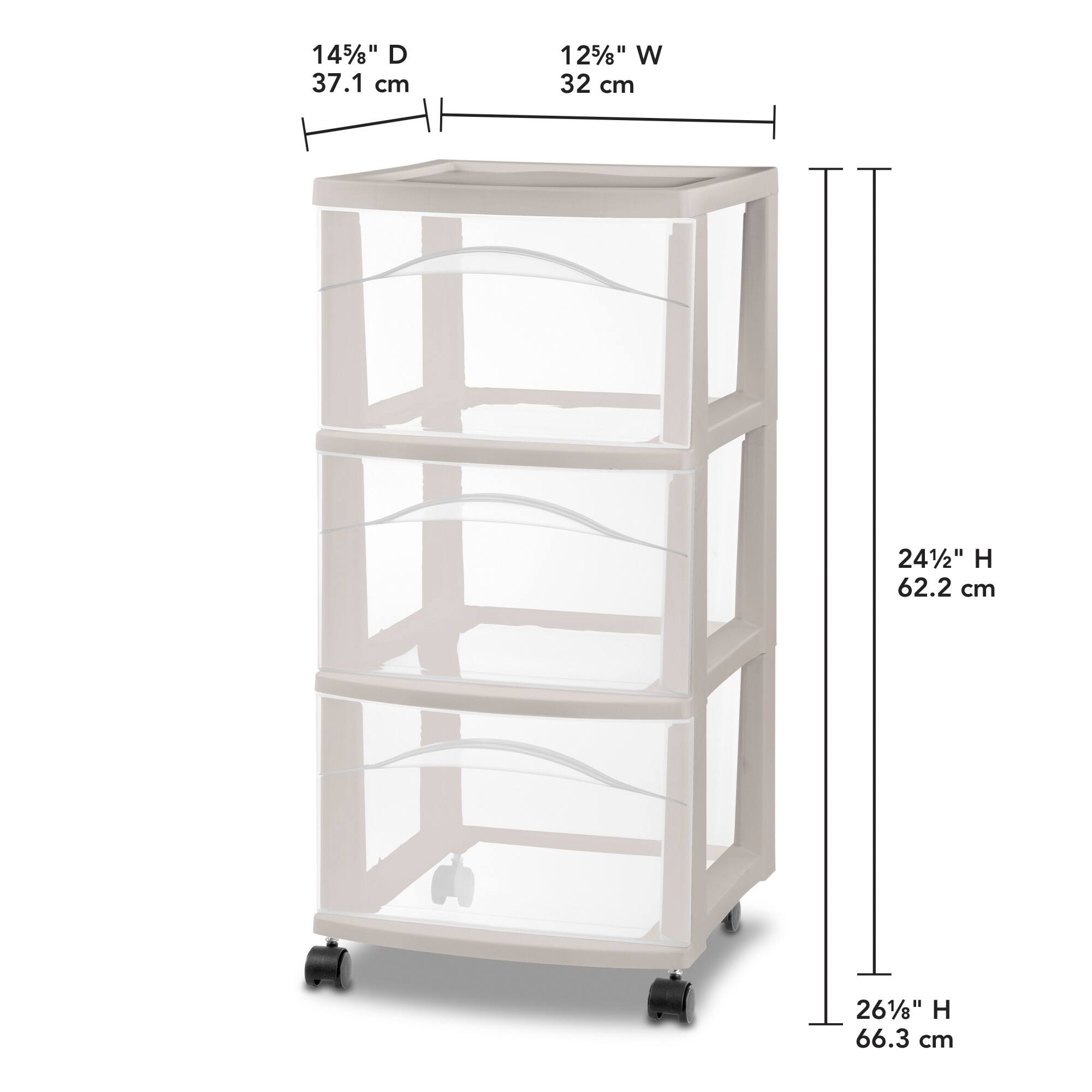 14 5/8" D 37.1 cm  
12 5/8" W 32 cm  
24 1/2" H 62.2 cm  
26 1/8" H 66.3 cm