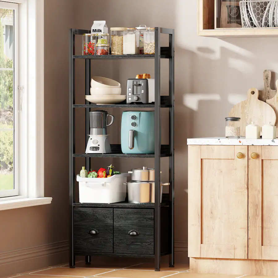 Furnulem Industrial Tall Standing Bookshelf with Wood & Metal Frame 2 ...
