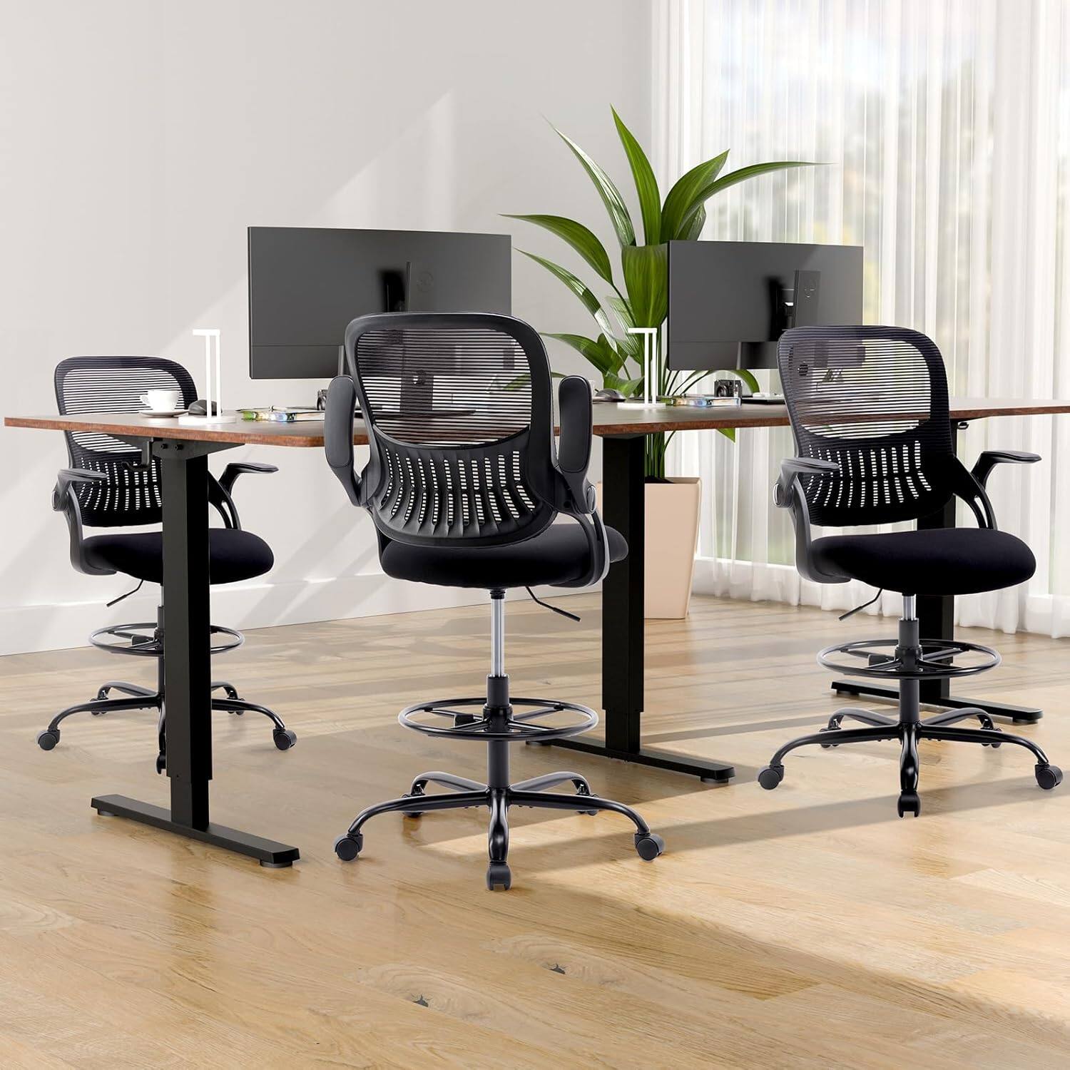 Alt View 8. Sweet - Drafting Chair, Tall Office Chair for Standing Desk with Flip-up Arms Mesh Rolling Work 360° Swivel Footrest, Gray - Black.