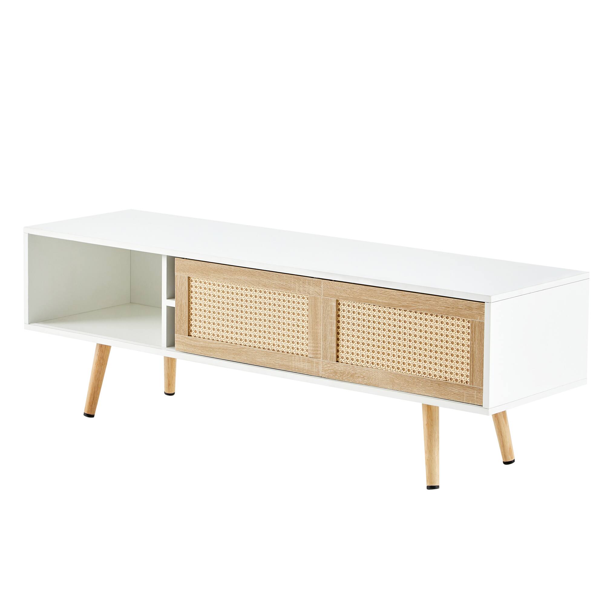 Alt View 4. Spaco - Spaco 55" Rattan TV Cabinet with 2 Sliding Doors, Adjustable Shelf and Solid Wood Legs, for Living Room - White.