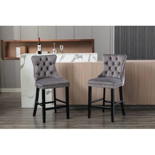 Alt View 5. LUCKY ONE - Assembled Velvet Bar Stool Set of 2 with Button Tufted Wood Legs Chrome Nailhead Trim - Gray.