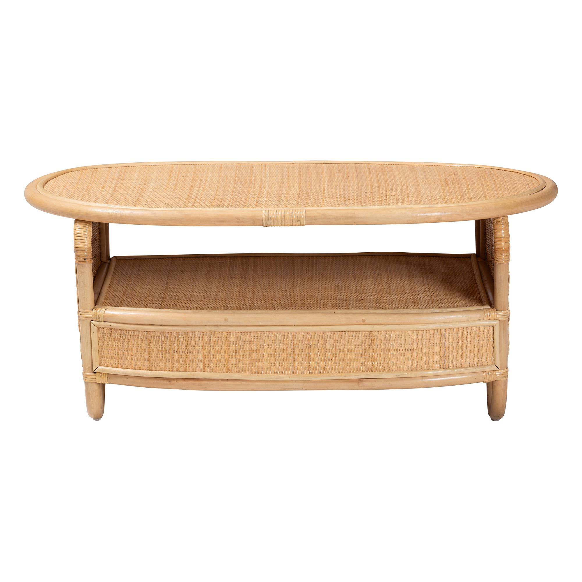 Angle. bali & pari - bali & pari Dyna Natural Rattan Coffee Table with Open Shelf - Handwoven Wicker Accent Table with Oval Tabletop - Natural.