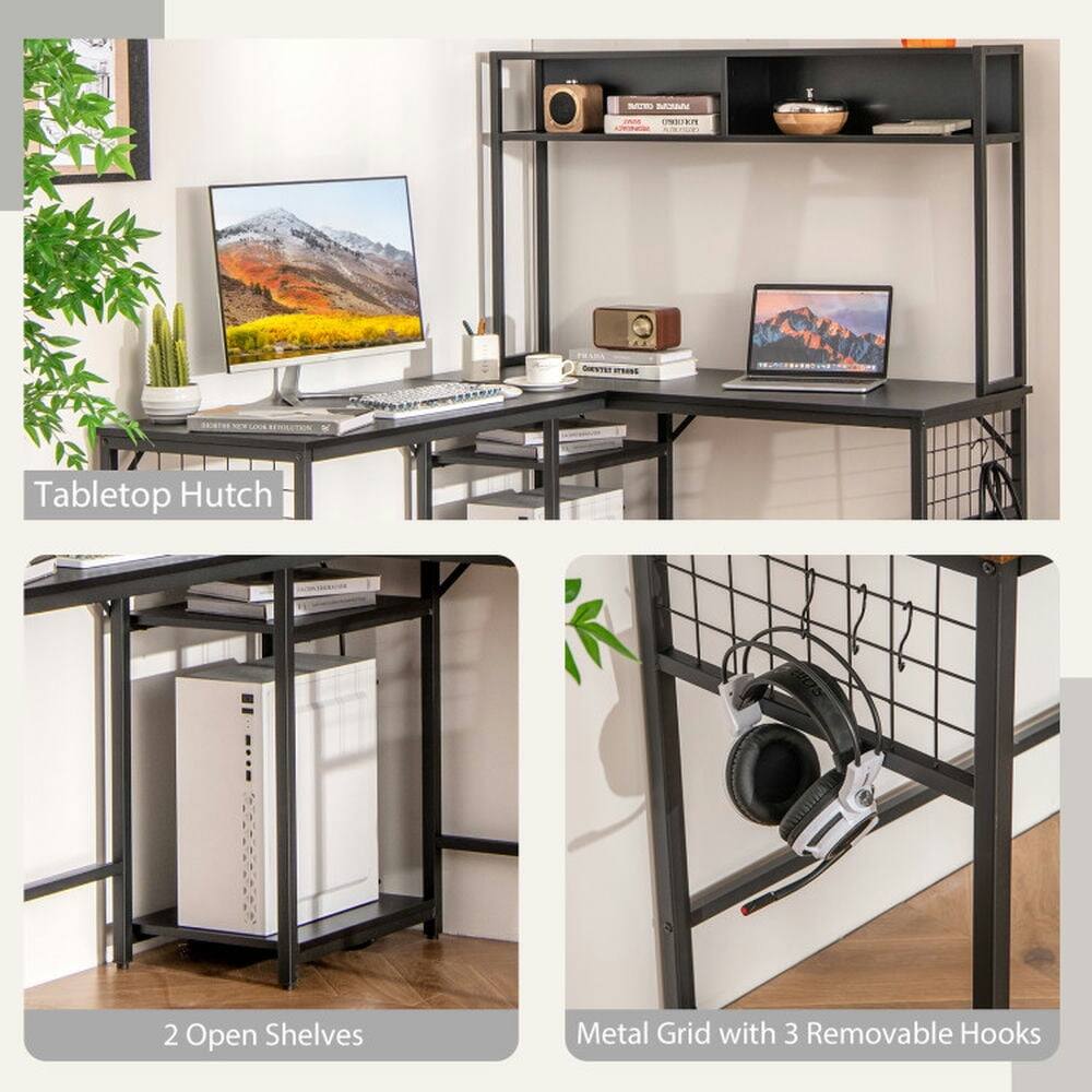 Tabletop Hutch 2 Open Shelves Metal Grid with 3 Removable Hooks