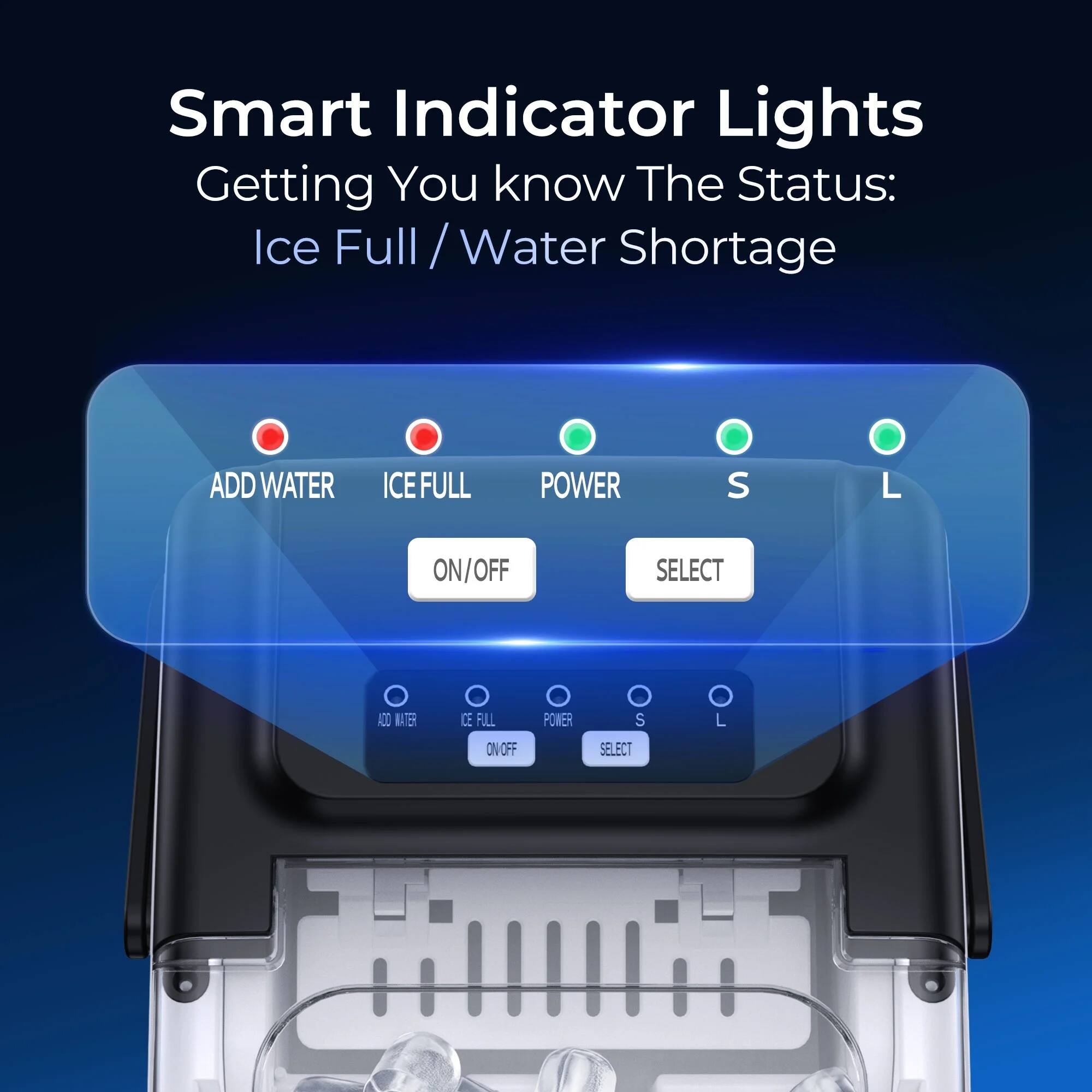 Smart Indicator Lights  
Getting You Know The Status:  
Ice Full / Water Shortage  

ADD WATER  
ICE FULL  
POWER  
S  
L  

ON/OFF  
SELECT