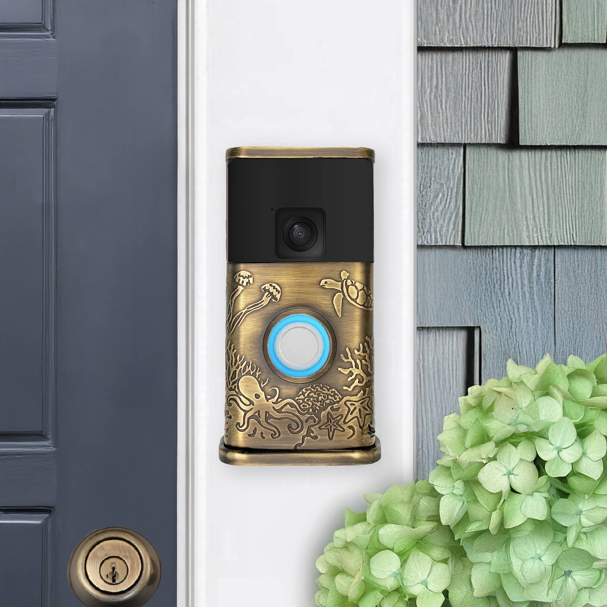Alt View 3. Michael Healy - Coastal Video Doorbell Cover (Ring Battery Doorbell 2024 Release) - Antique Brass.