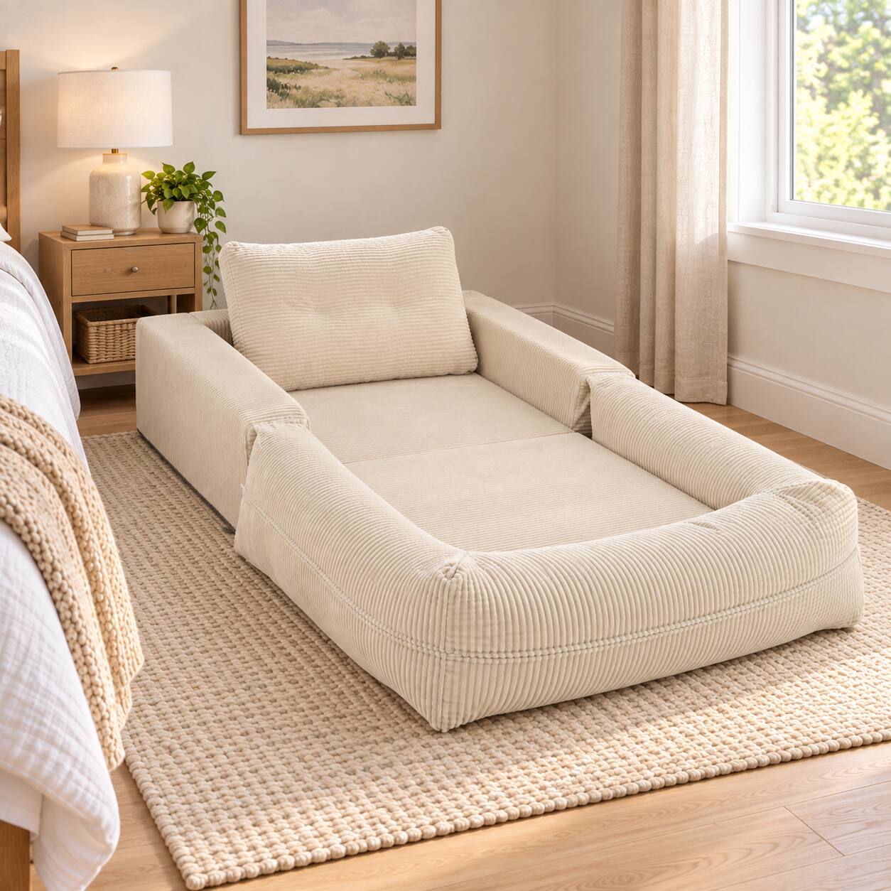 Back. Famapy - Convertible Chair Bed Corduroy Oversized Single Sofa Chair, High Resilience Foam Removable Washable Cover - White.