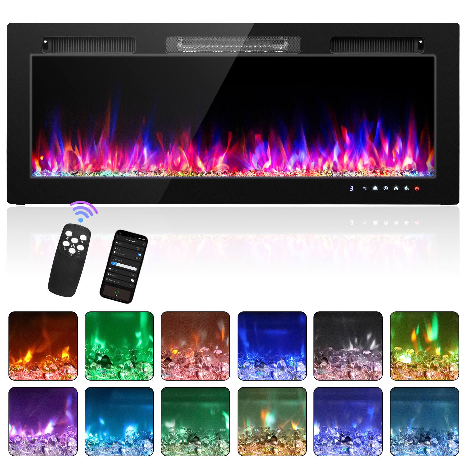 Winado - 50" Electric Fireplace Insert, 1500W Wall-mounted/Built-in Fireplace Heater with WIFI Control, Remote Control, 12 Color - Black