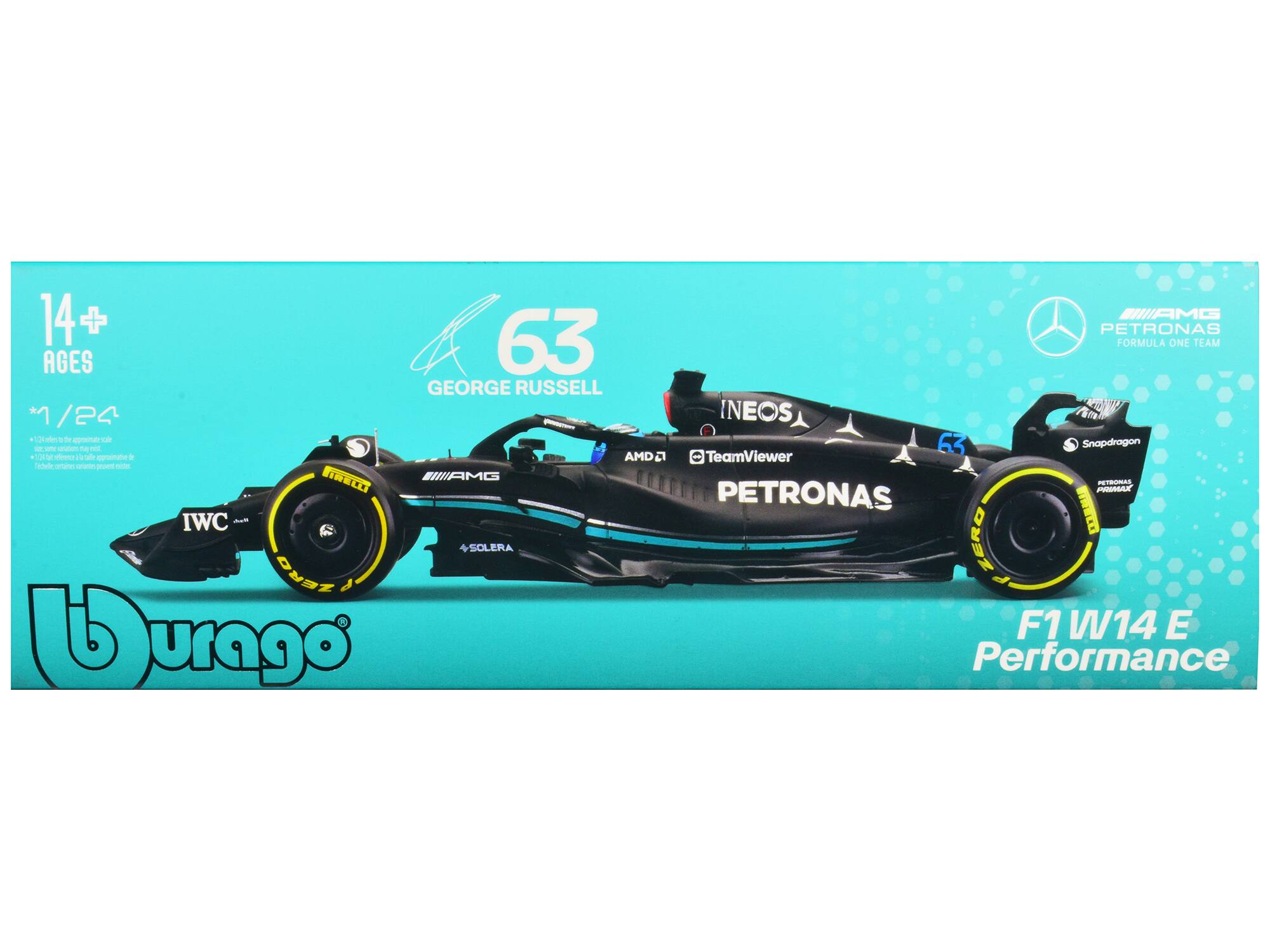 14+ AGES  
63 FORMULA ONE TEAM GEORGE RUSSELL  
724 INEOS  
AMD  
TeamViewer  
PETRONAS  
IWC  
SOLERA ZERO ZERO  
F1 W14 E Performance