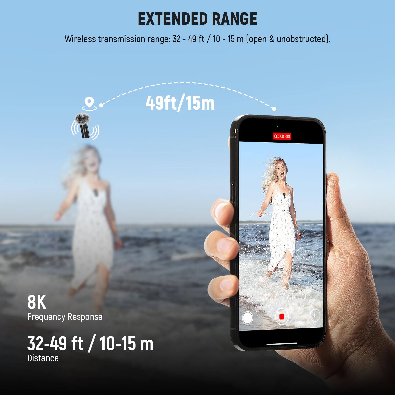 EXTENDED RANGE  
Wireless transmission range: 32 - 49 ft / 10 - 15 m (open & unobstructed).  

8K  
Frequency Response  

32-49 ft / 10-15 m  
Distance
