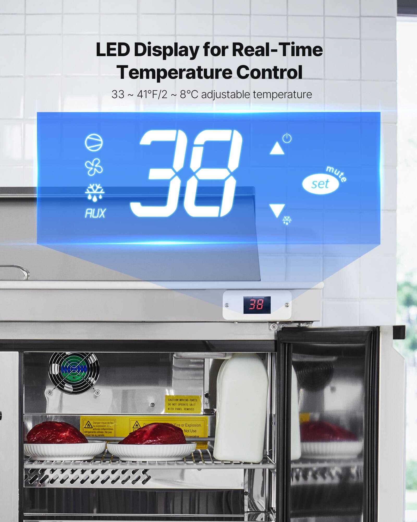 LED Display for Real-Time Temperature Control

33 ~ 41°F / 2 ~ 8°C adjustable temperature

38

AUX

mute set