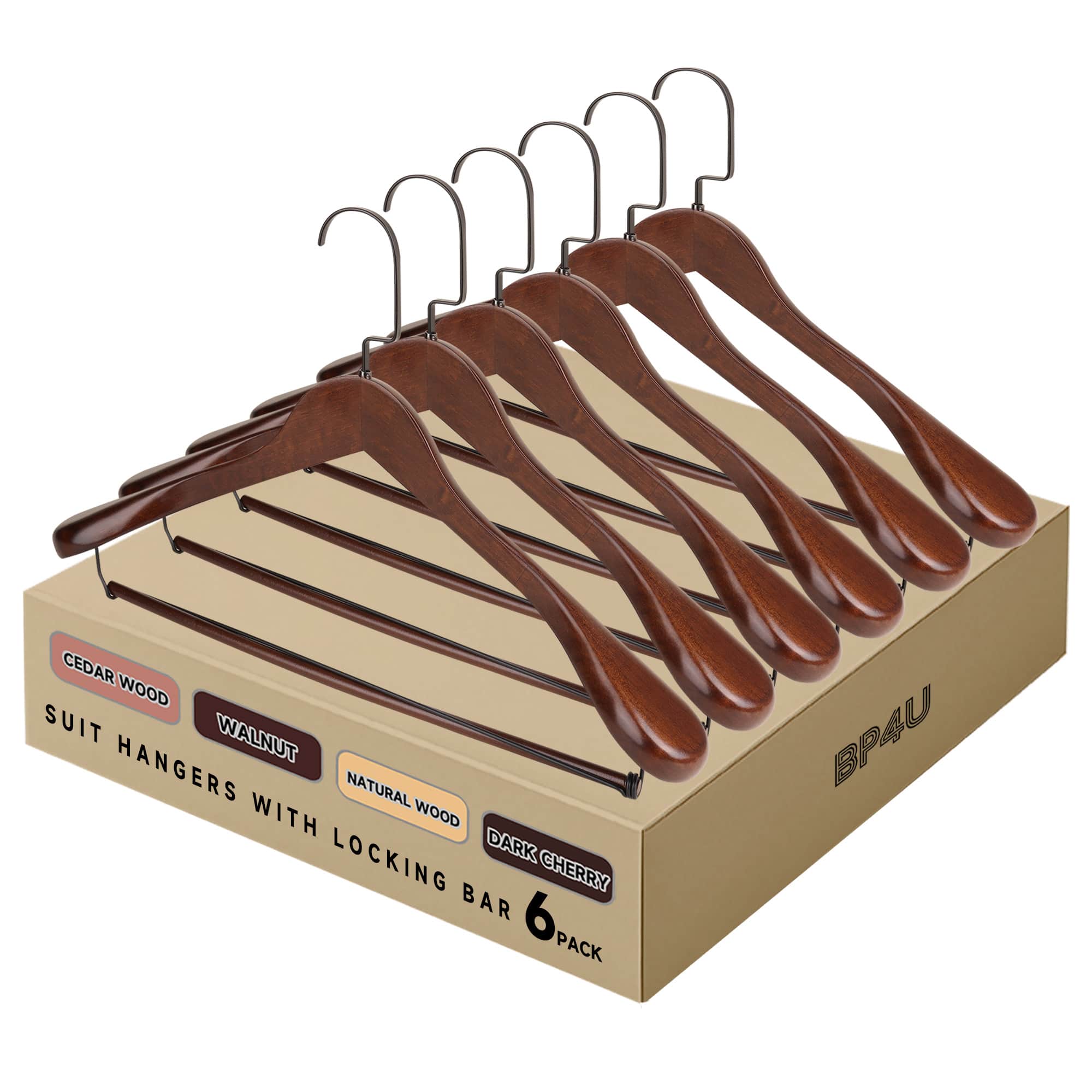 BP4U - 6-Pack Premium Wide Shoulder Wooden Suit Hangers, Solid Wood Clothers Hangers with Locking Bar for Coats - Walnut