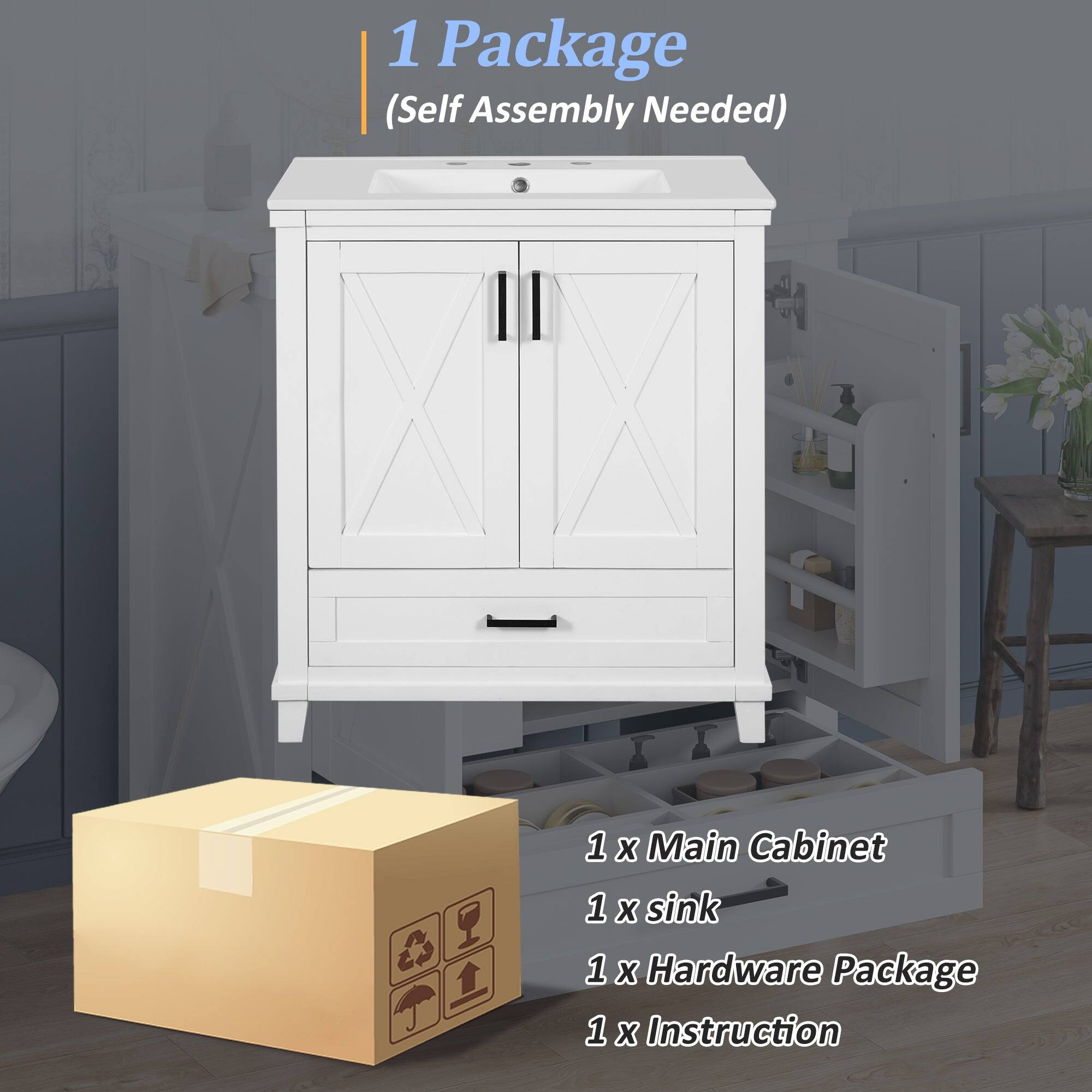 1 Package  
(Self Assembly Needed)  

1 x Main Cabinet  
1 x Sink  
1 x Hardware Package  
1 x Instruction