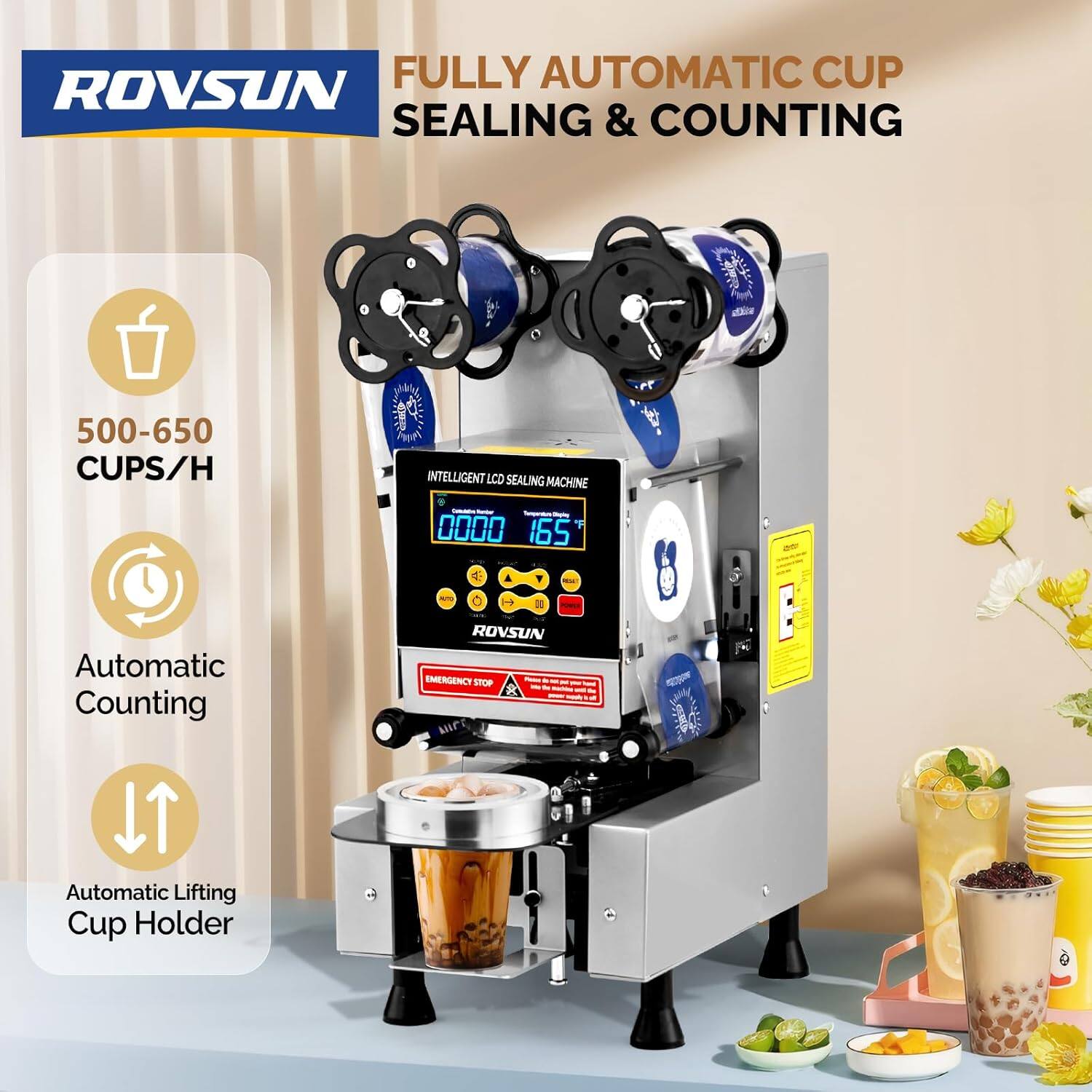 FULLY AUTOMATIC CUP ROVSUN SEALING & COUNTING WITH 500-650 CUPS/H INTELLIGENT LCD SEALING MACHINE

- 0000 165 - A 1- 2 Automatic Counting ROVSUN EMERGENCY STOP NIFE Automatic Lifting Cup Holder