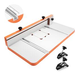 VEVOR - Drill Press Table, 24 in x 12 in, Worktable with an Adjustable Fence and Stop Block, Highly Compatible T-Slots - White,Orange