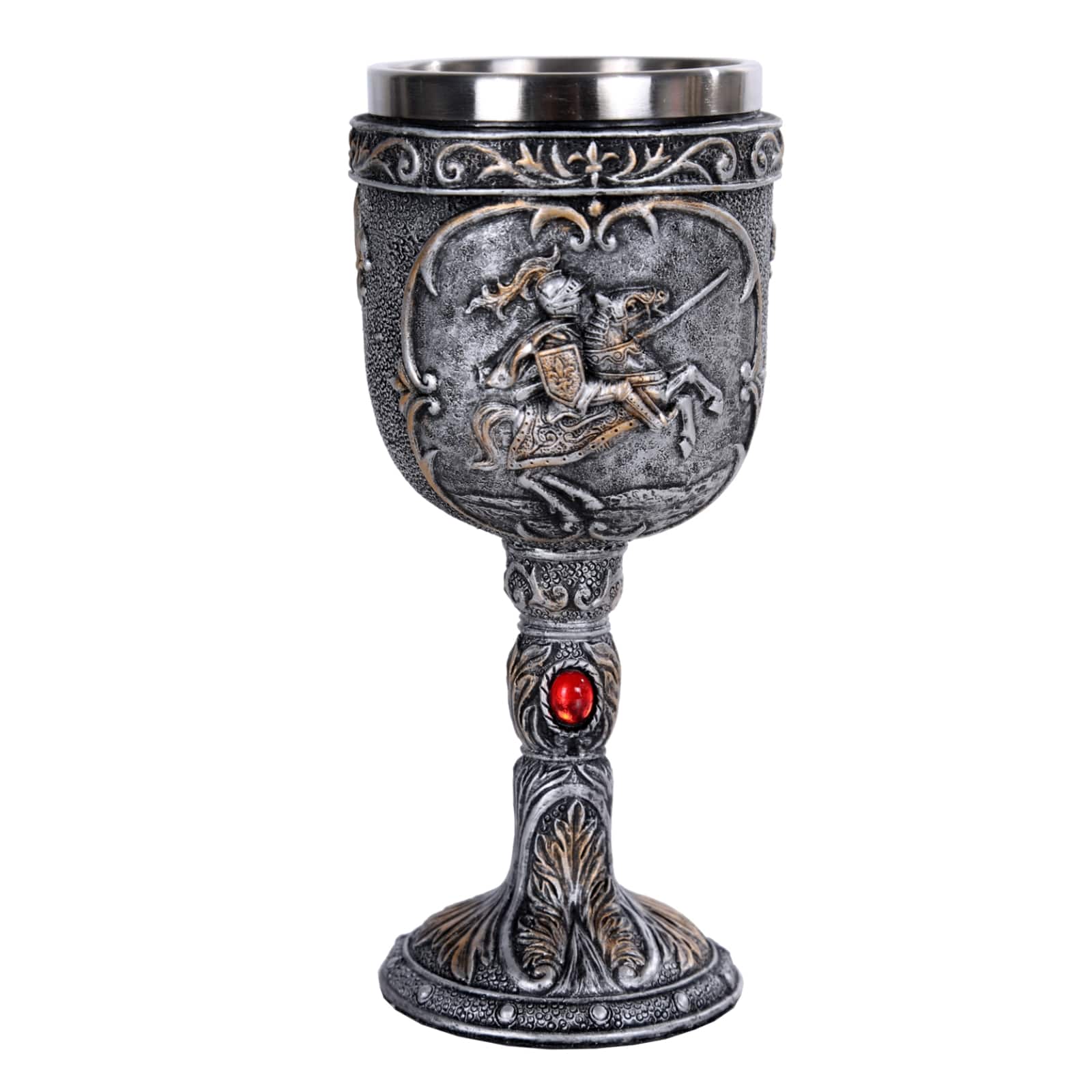 Pacific Trading - Medieval Knight Wine Goblet Chalice Cup Made of Polyresin With Stainless Steel Cup - Gray