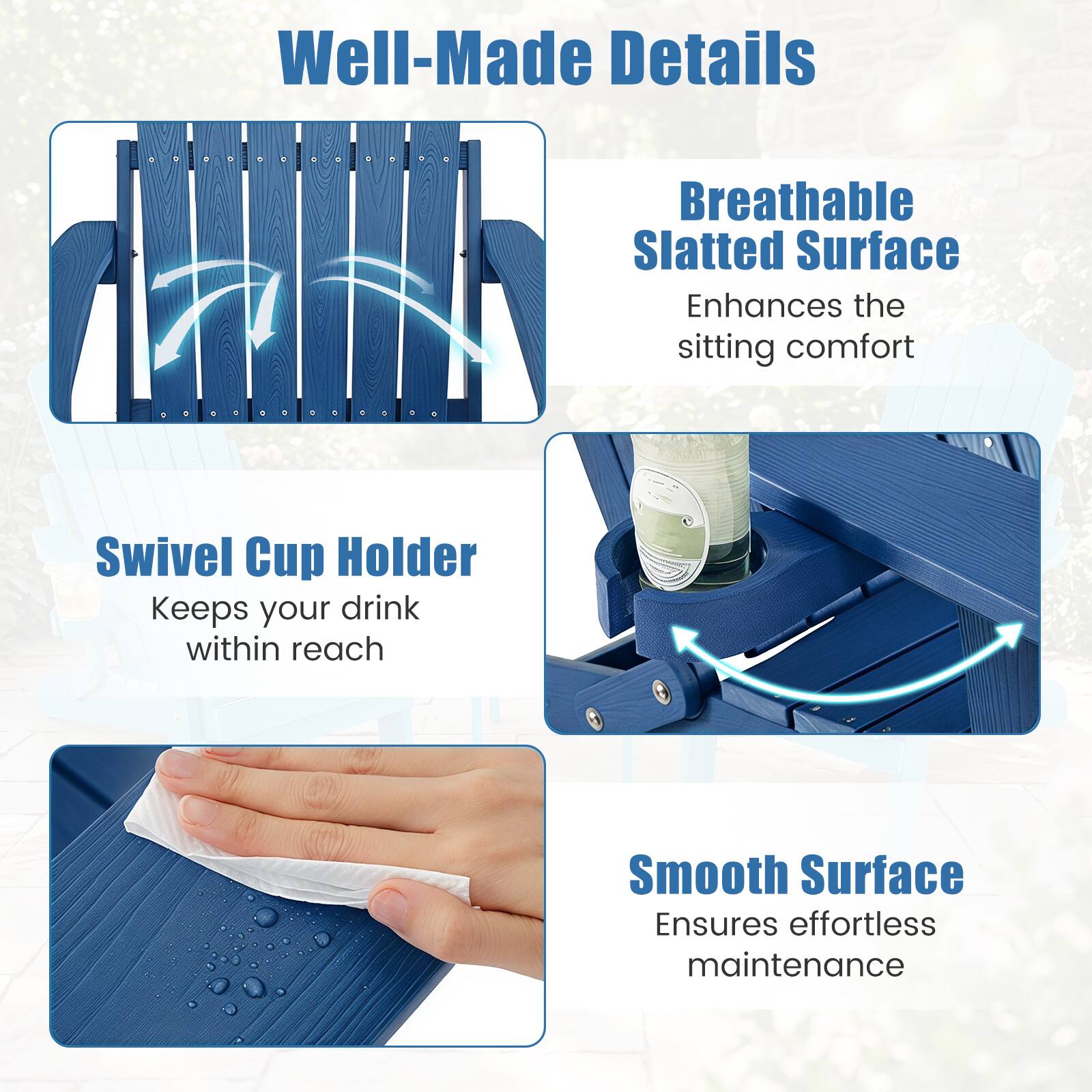 Well-Made Details

Breathable Slatted Surface
Enhances the sitting comfort

Swivel Cup Holder
Keeps your drink within reach

Smooth Surface
Ensures effortless maintenance