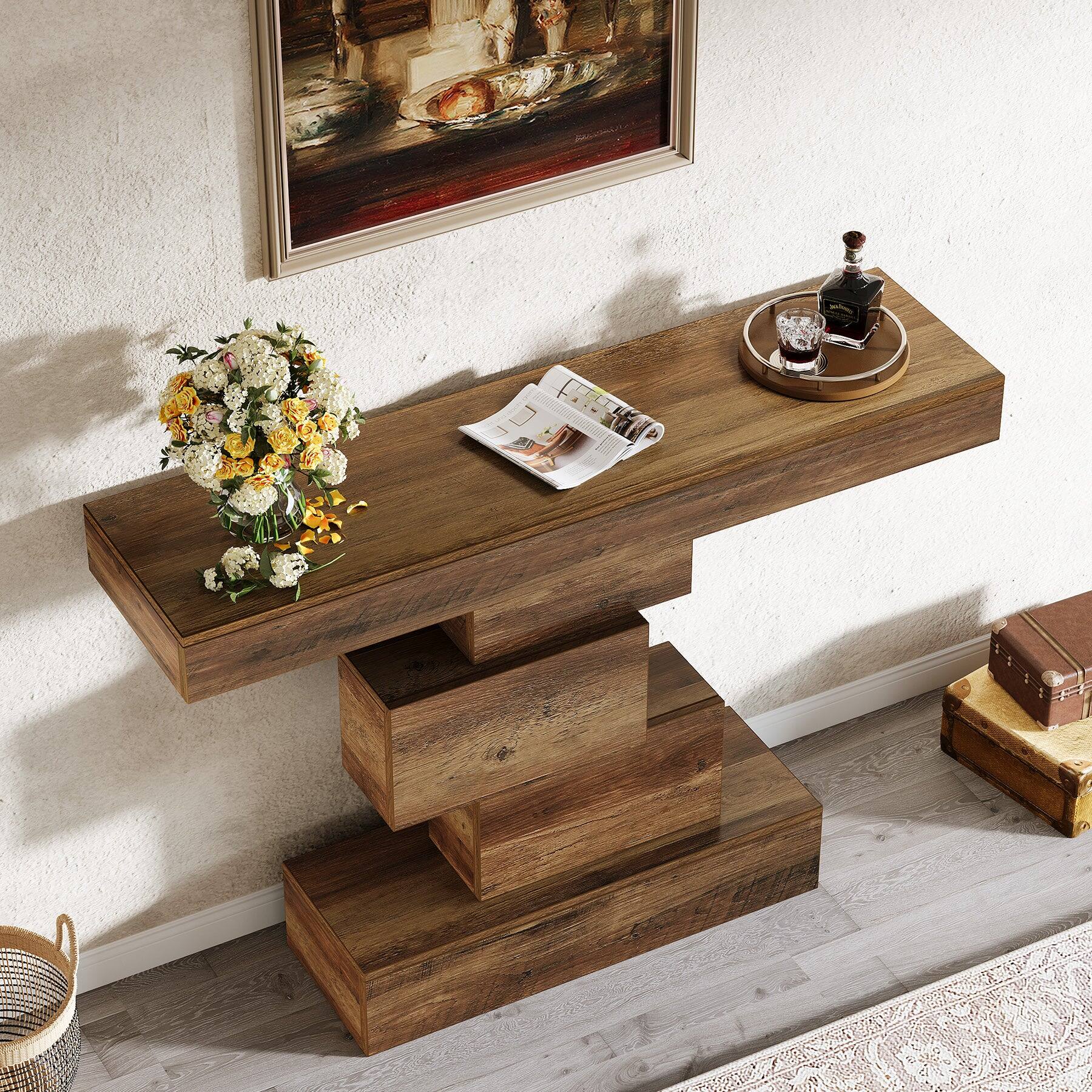 Alt View 2. Tribesigns - Farmhouse Console Table with Engineered Wood Construction and Rectangular Top for Entryway and Hallway - Brown.