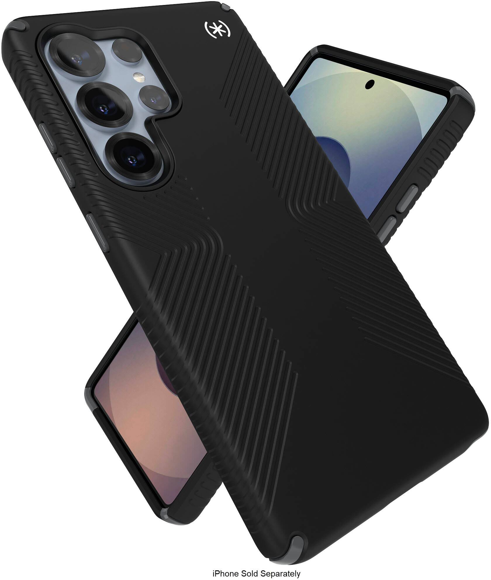 The image features a black case for a cell phone, which is placed on top of another cell phone. The case is designed to protect the phone from scratches and other damages. The case is made of hard plastic and has a sleek design. The image also includes the text "iPhone Sold Separately," indicating that the phone itself is not included with the case and must be purchased separately.
