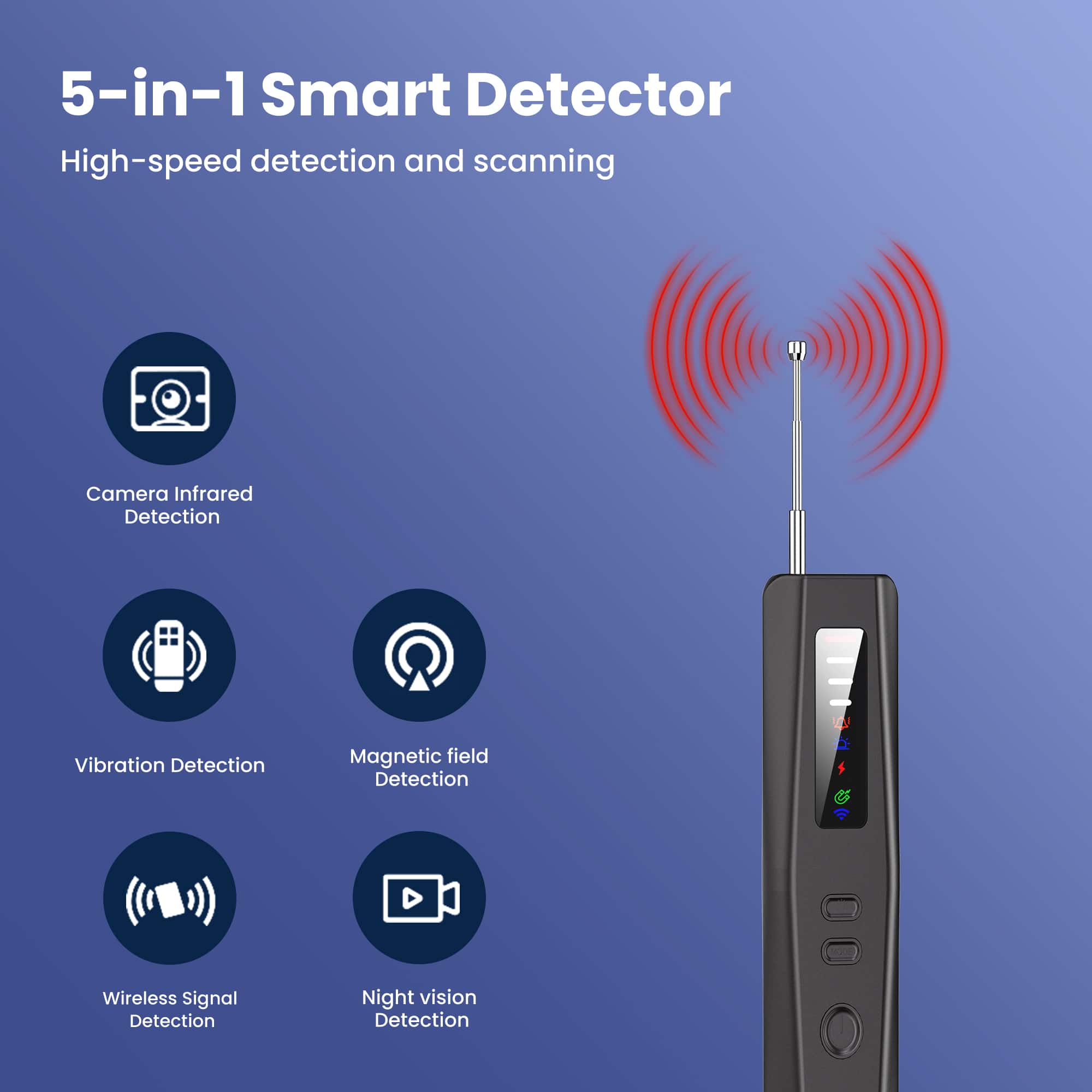 5-in-1 Smart Detector
High-speed detection and scanning
- Camera Infrared Detection
- Vibration Detection
- Magnetic field Detection
- Wireless Signal Detection
- Night vision Detection