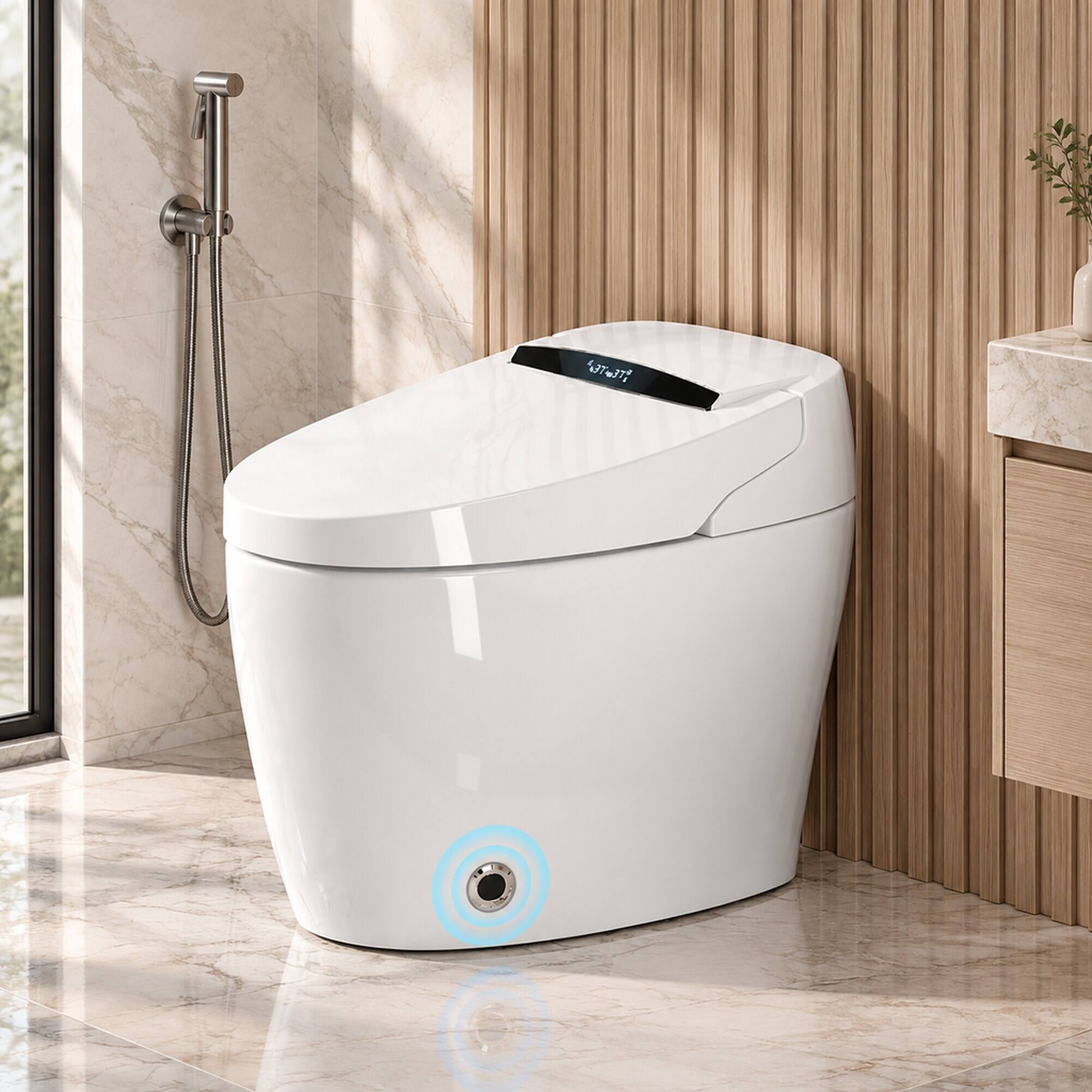 Angle. RYHNUYNE - Smart Toilet With Heated Bidet Seat, Auto Open Close Warm Water Dryer Sanitary Fixture For Home Bathroom Daily Use - White.