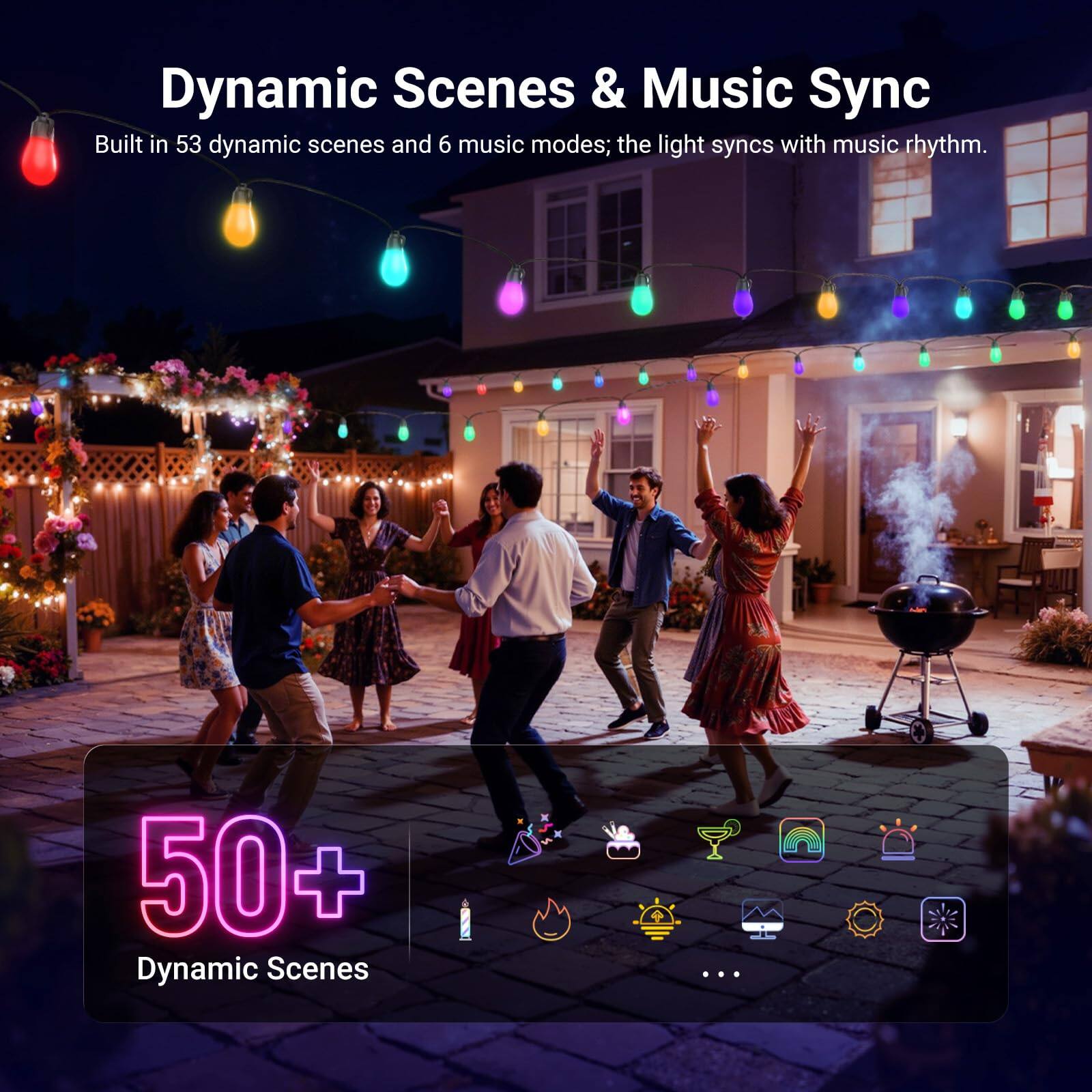 Dynamic Scenes & Music Sync  
Built in 53 dynamic scenes and 6 music modes; the light syncs with music rhythm.  
50+ Dynamic Scenes