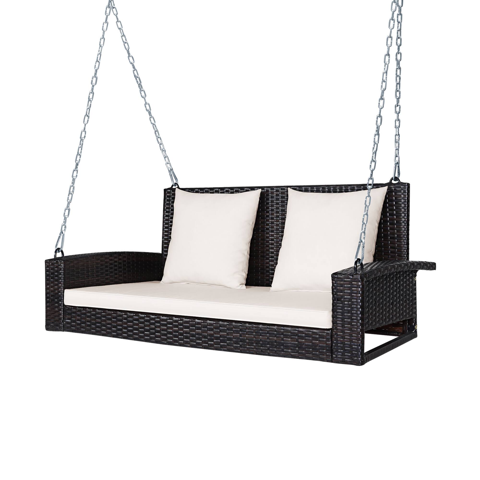Alt View 4. Costway - Costway 2-Person Patio Rattan Hanging Porch Swing Bench Chair Cushion - Beige.