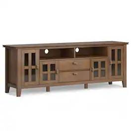 Simpli Home - Artisan 72W Low TV Stand with Drawers, Glass Doors and Cubbies - Rustic Natural Aged Brown