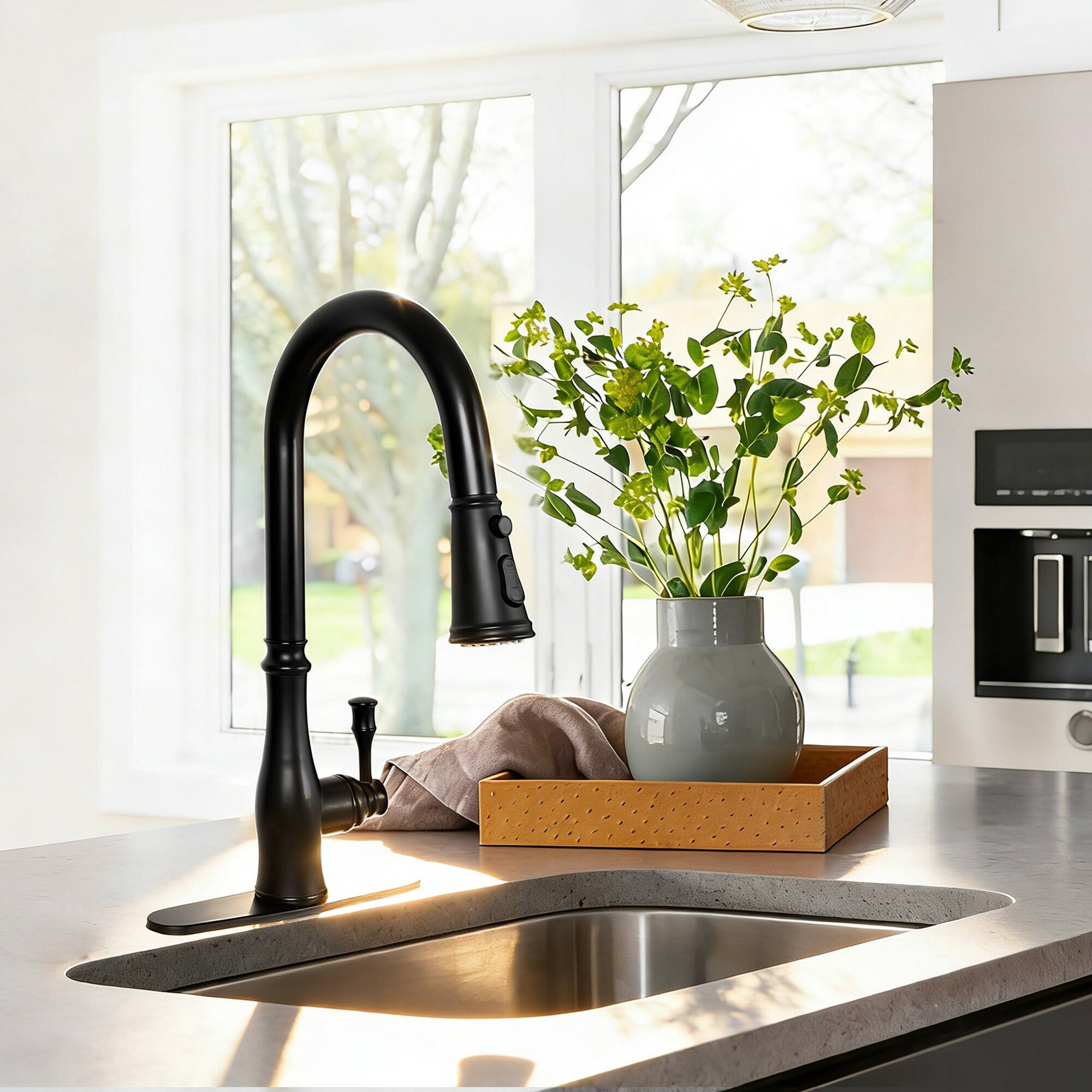 Alt View 7. Akicon - Akicon Single Handle 3-Function Spring Stainless Steel Kitchen Faucet with Pull Down Sprayer in Black - Black.