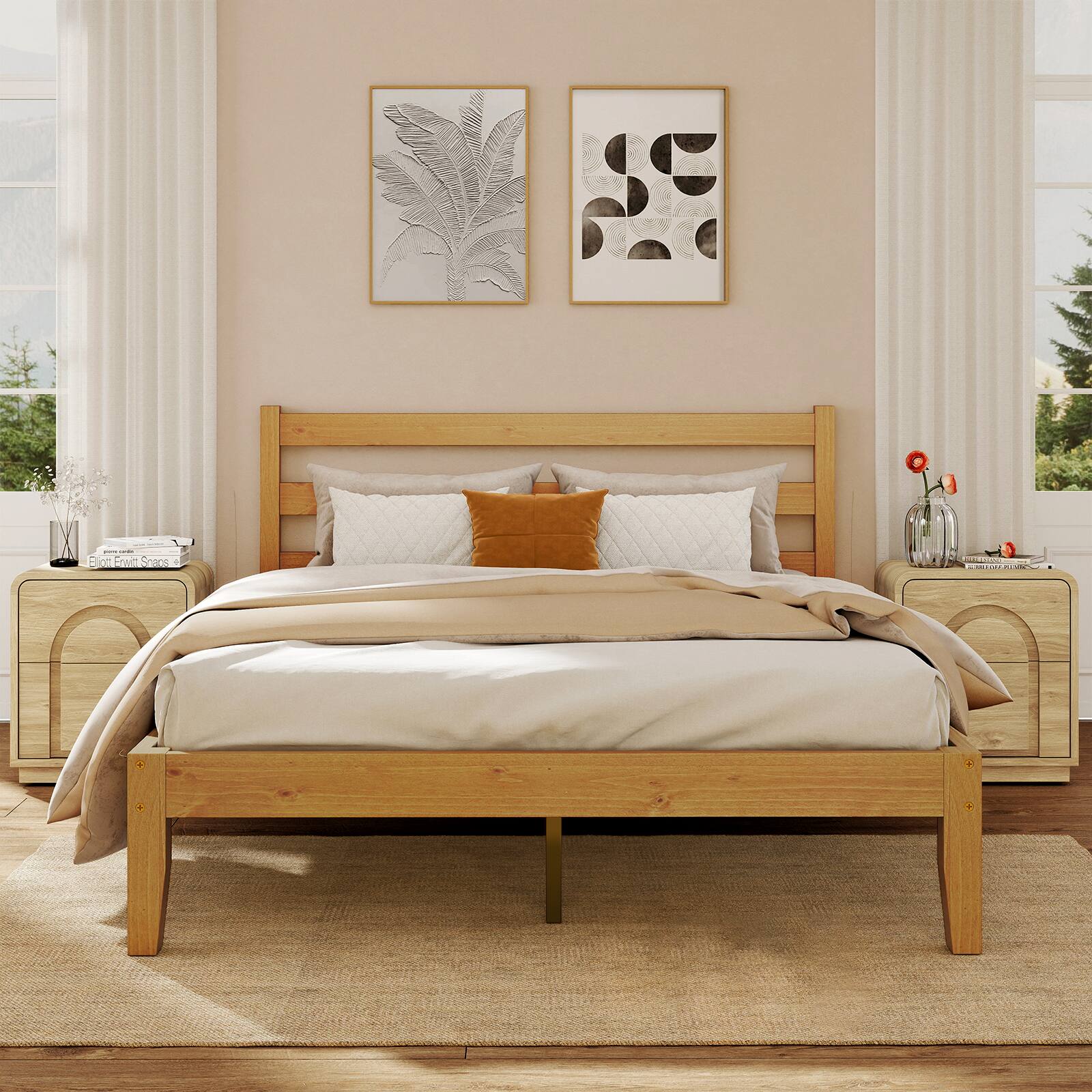 Left. Bestier - Solid Wood Farmhouse Platform Bed Frame with Headboard, No Box Spring Needed, 6.5" Under Bed Storage & Quiet Design - Pine Natural.