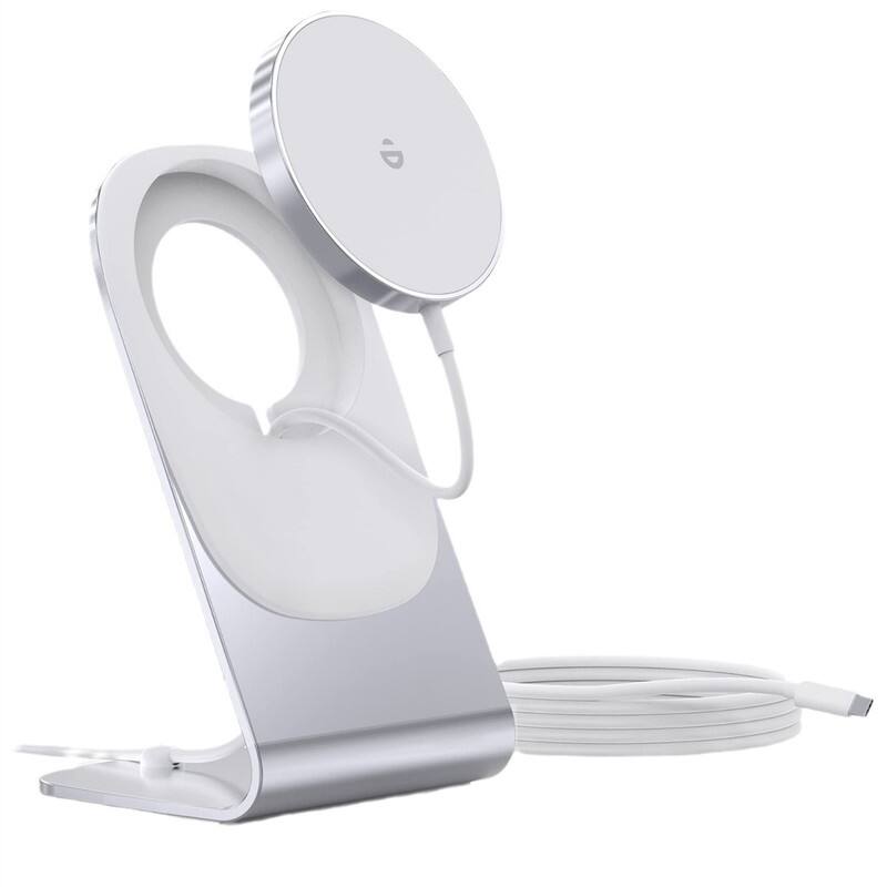 Angle. RISOKEYS - Aluminum Alloy Phone Stand - Magnetic Magsafe Wireless Charger, Suitable for iPhone Fast Charge, 15W Upright Design - White.